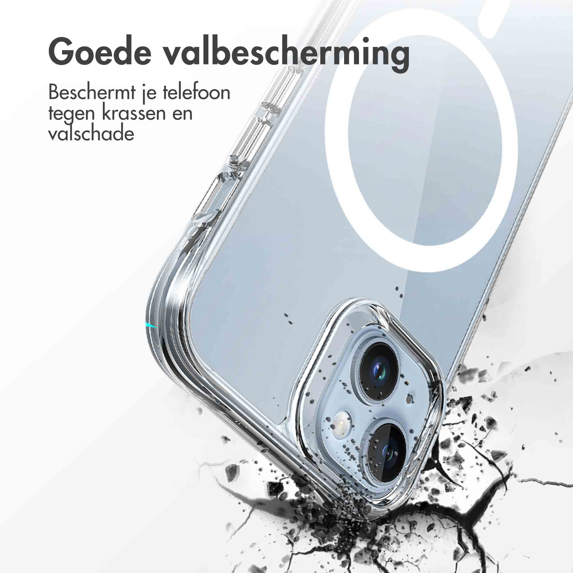 Clear phone case protecting against drops, with cracked ground.