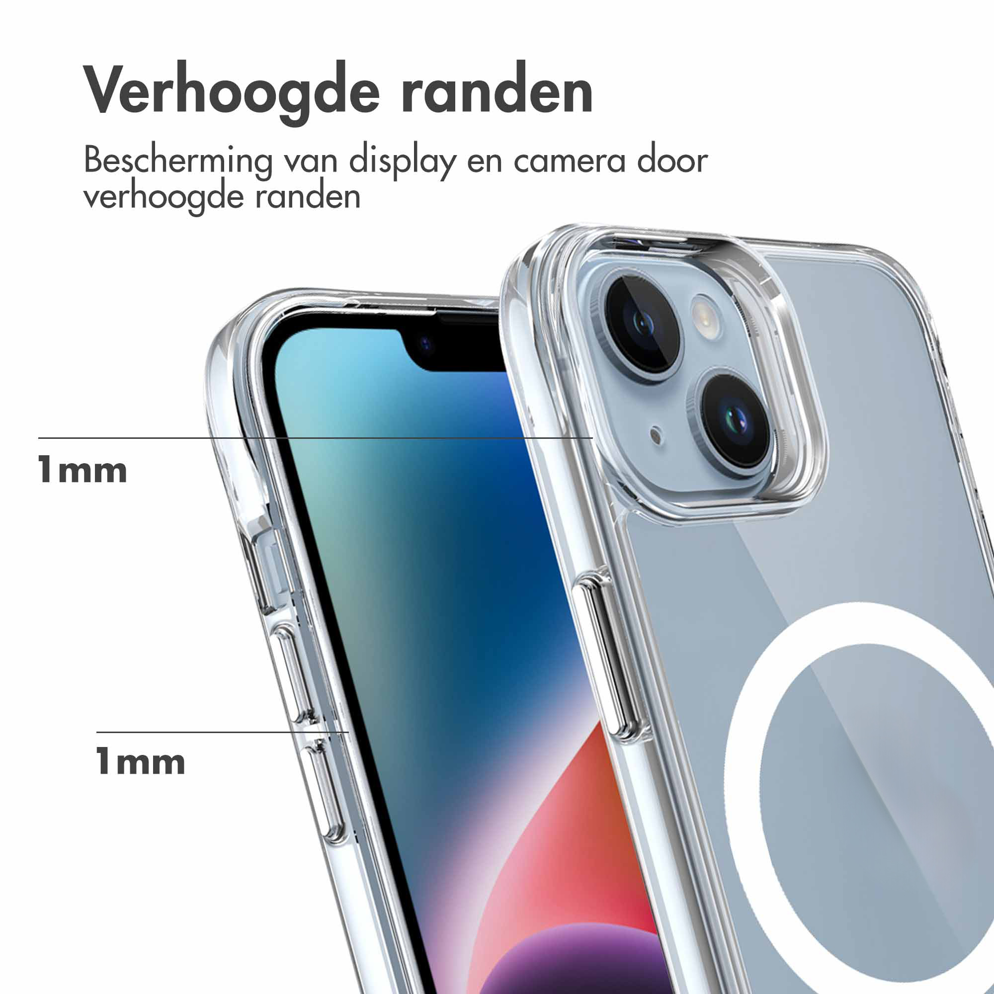 Clear phone case with 1mm raised edges for screen and camera protection.