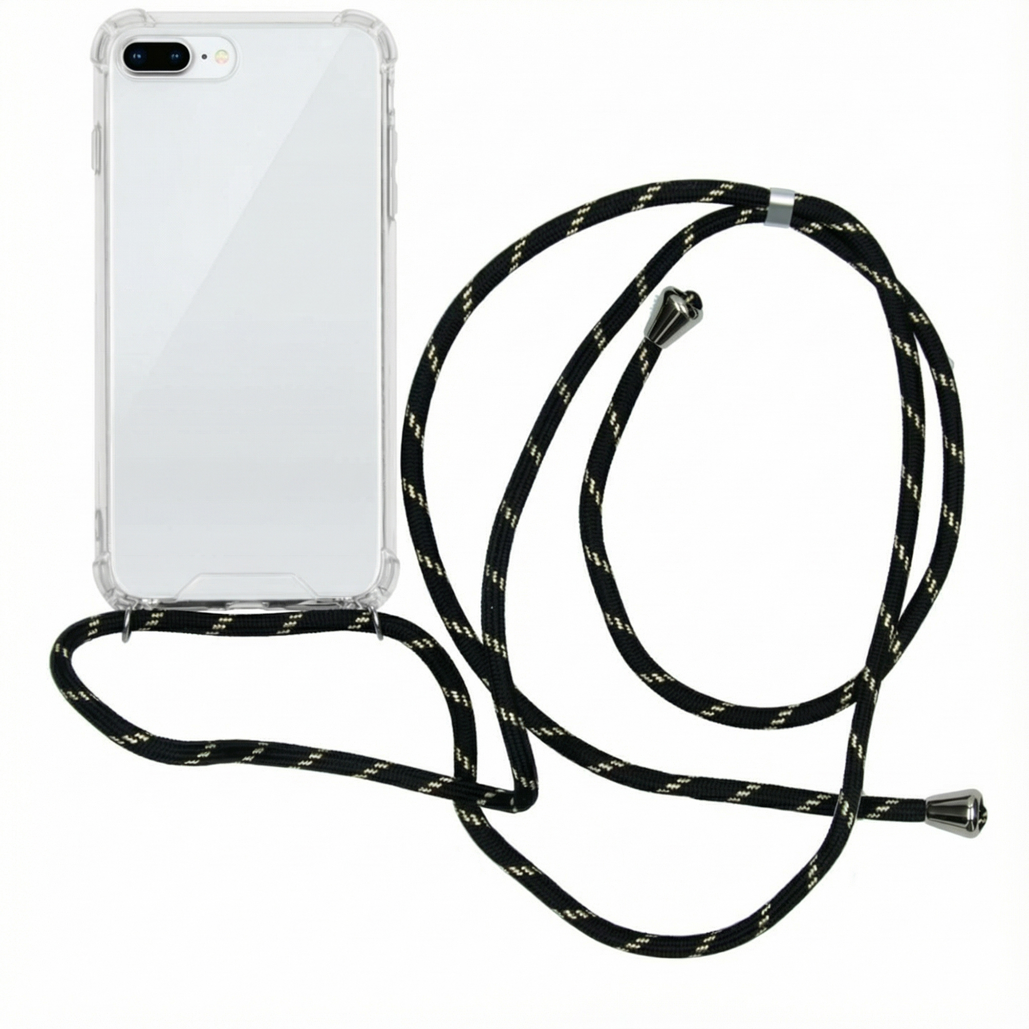 Une coque de téléphone transparente avec une lanière noire et des ferrures argentées.