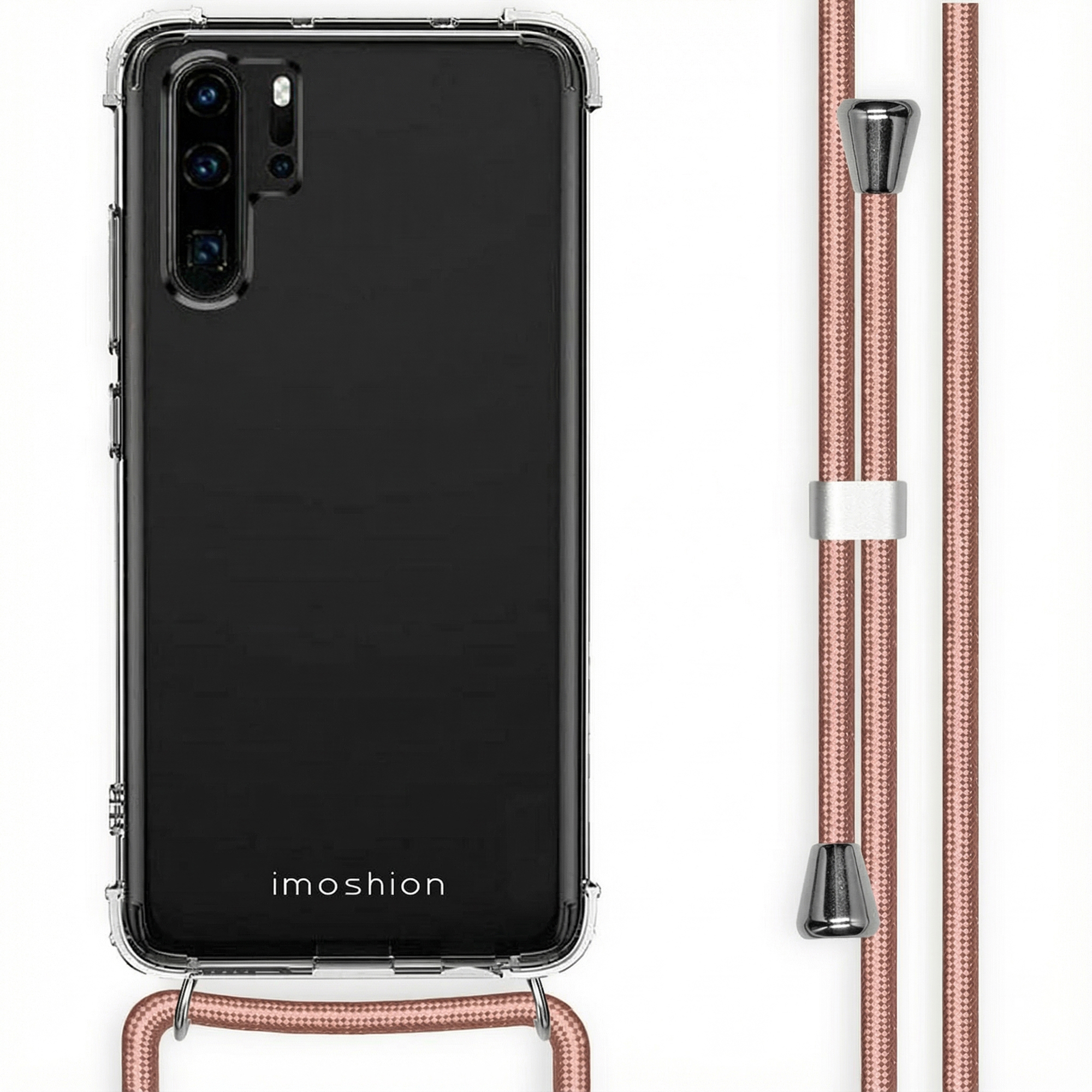 Coque de téléphone transparente avec cordon rose doré et accents argentés.