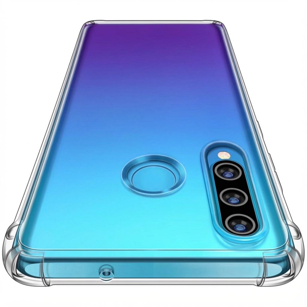 A clear phone case showing a triple camera and fingerprint sensor.