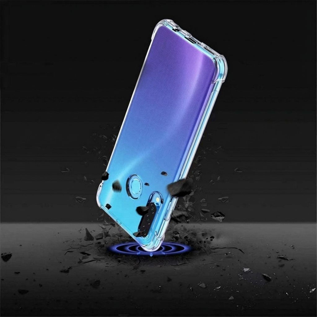 Clear phone case with blue gradient falling on a dark background.