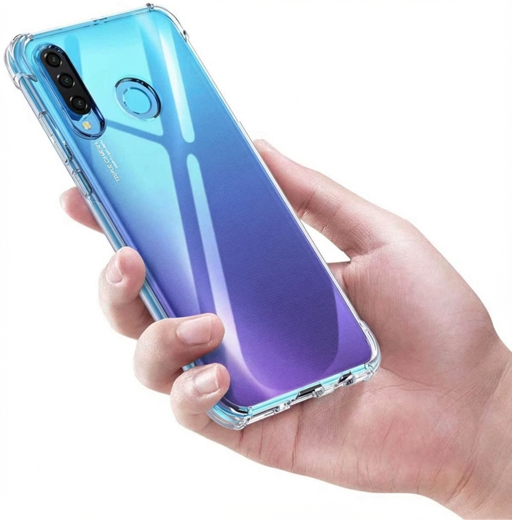 A hand holds a smartphone in a clear case with a blue-purple gradient.