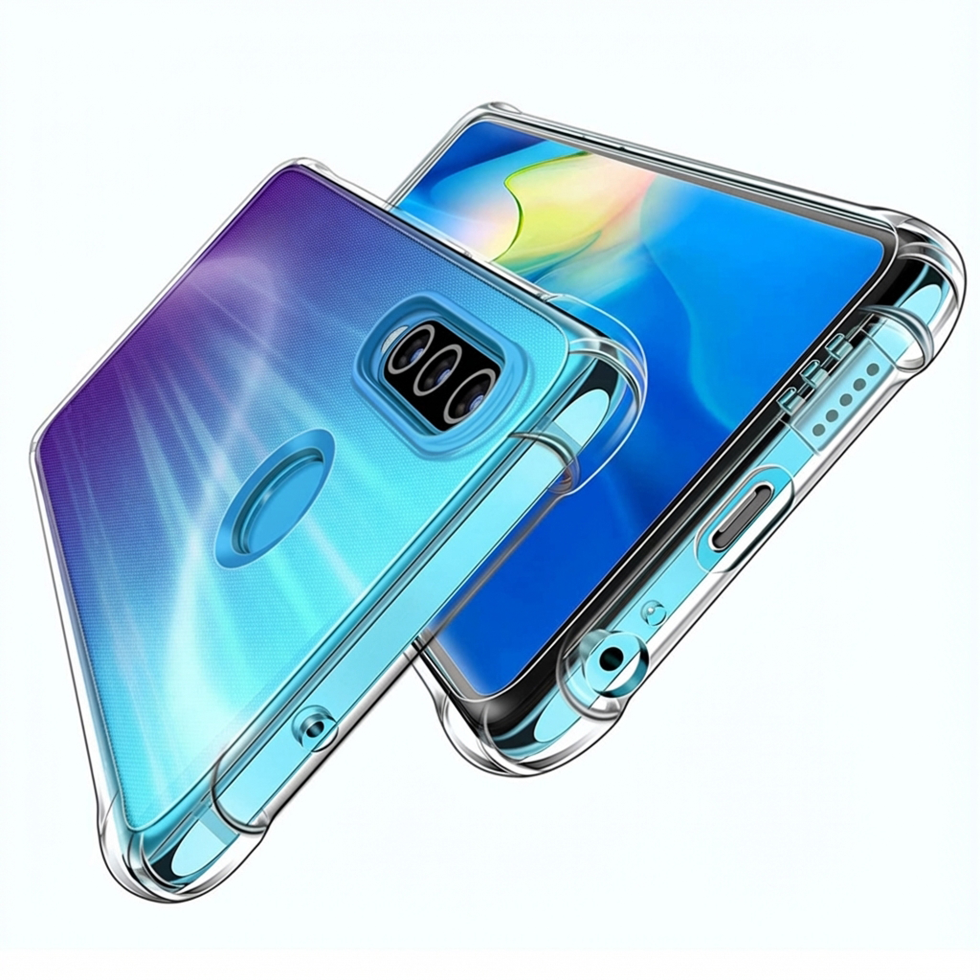 Two clear phone cases with blue accents against a white background.