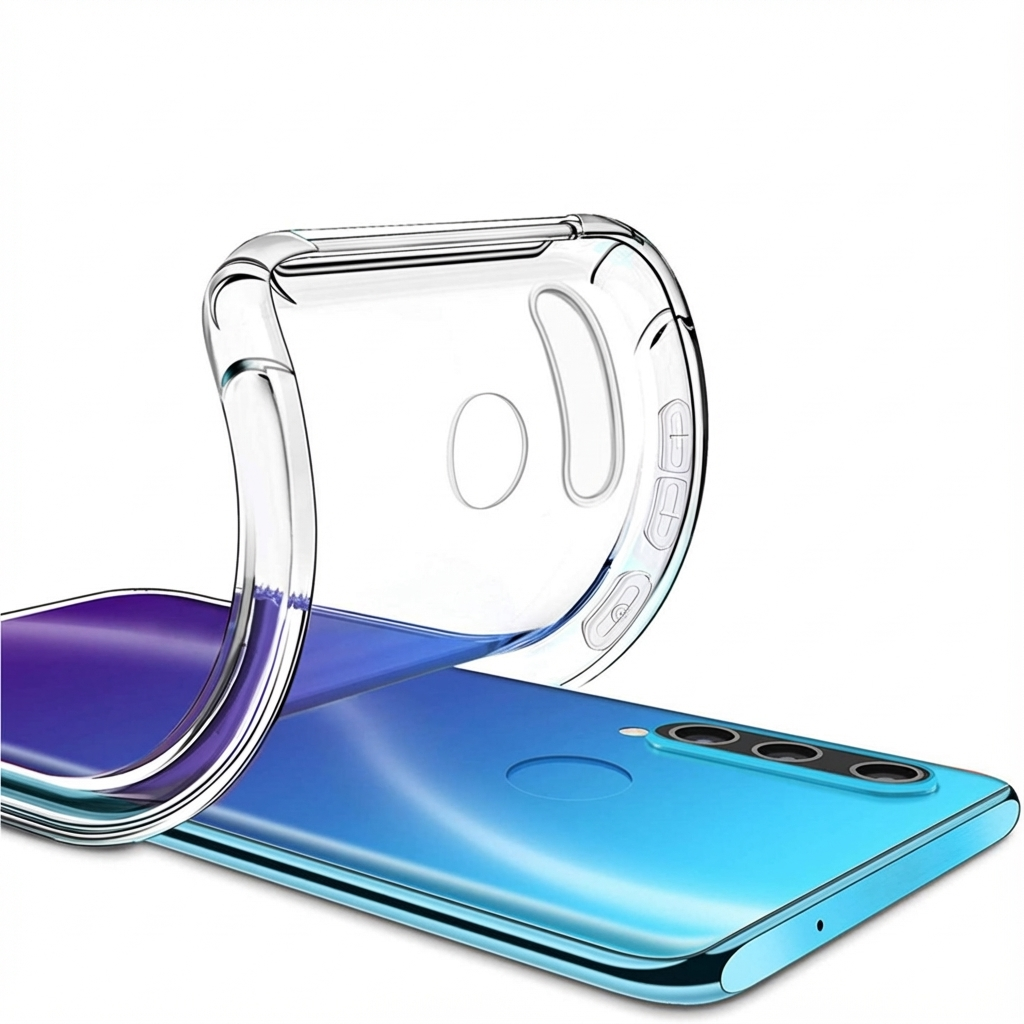 A clear phone case is draped over a blue smartphone.