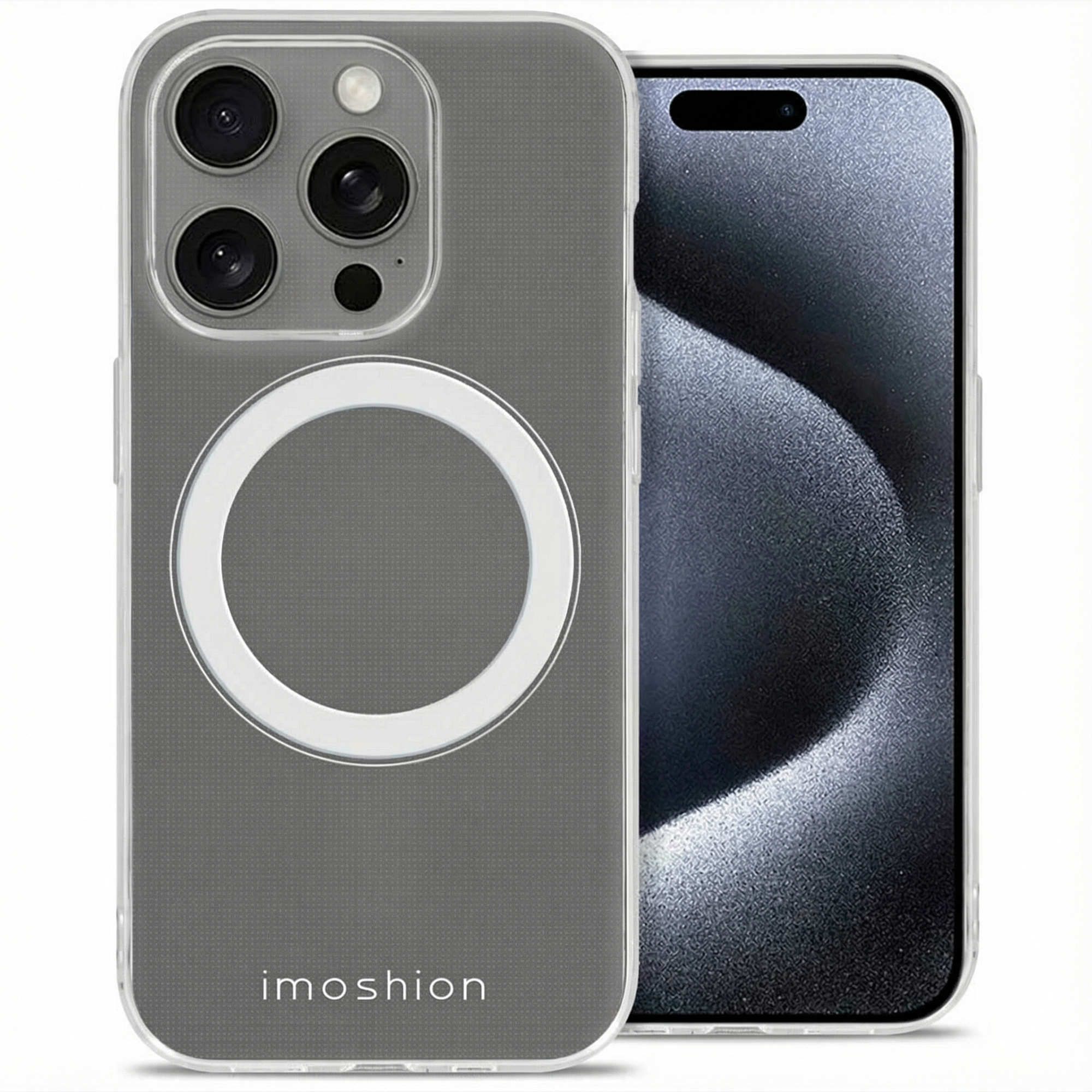 Une coque de téléphone transparente avec trois caméras et un cercle blanc.