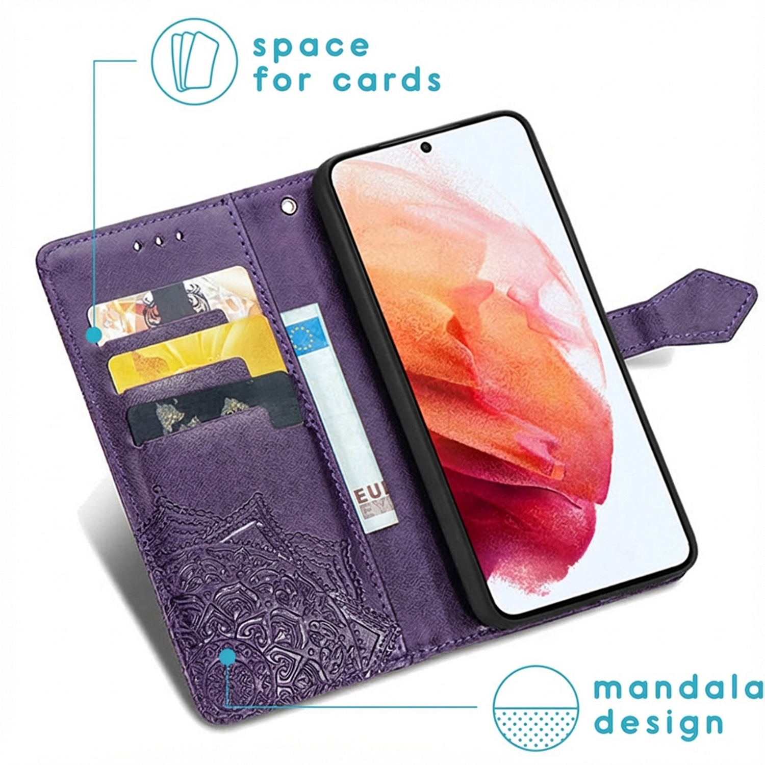 Paarse telefoonhoes met kaartsleuven en mandala-ontwerp. Toont telefoonscherm.