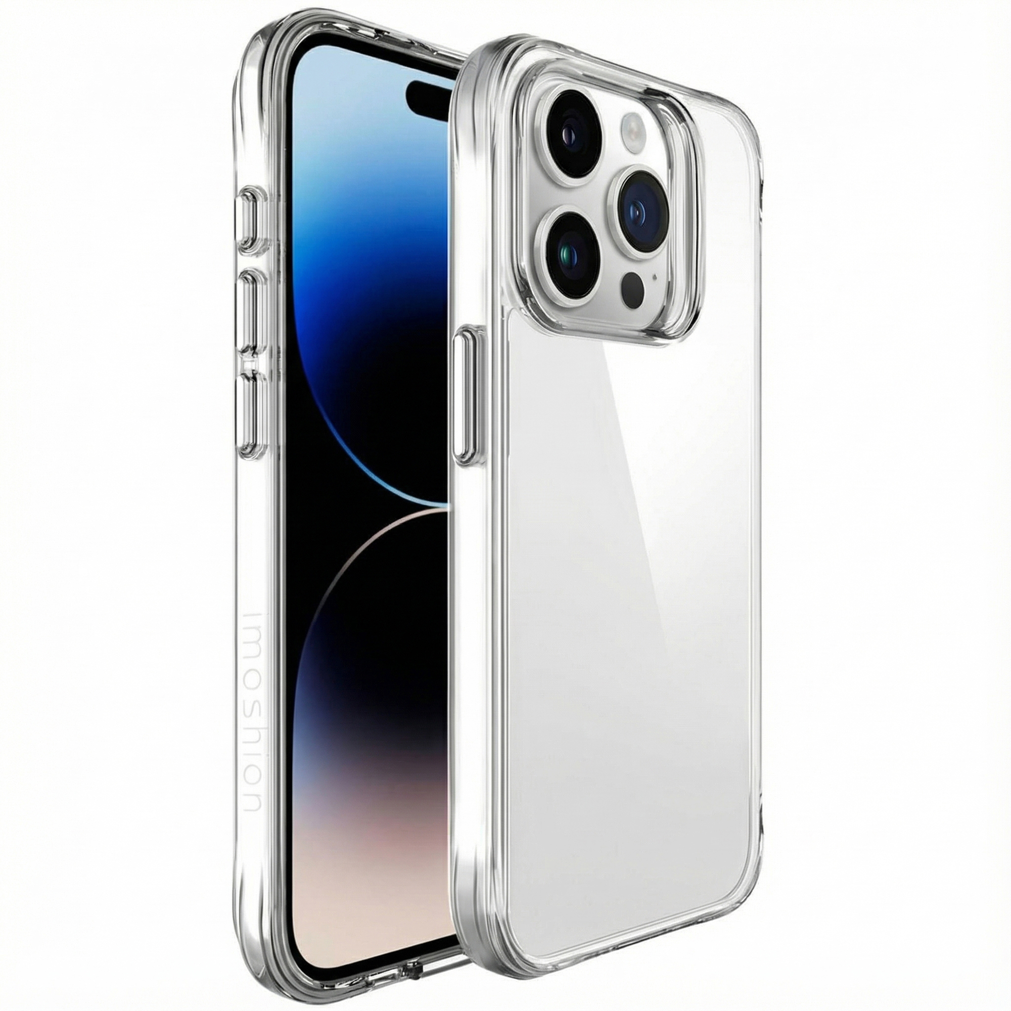 Une coque de téléphone transparente avec un smartphone sur une surface blanche.