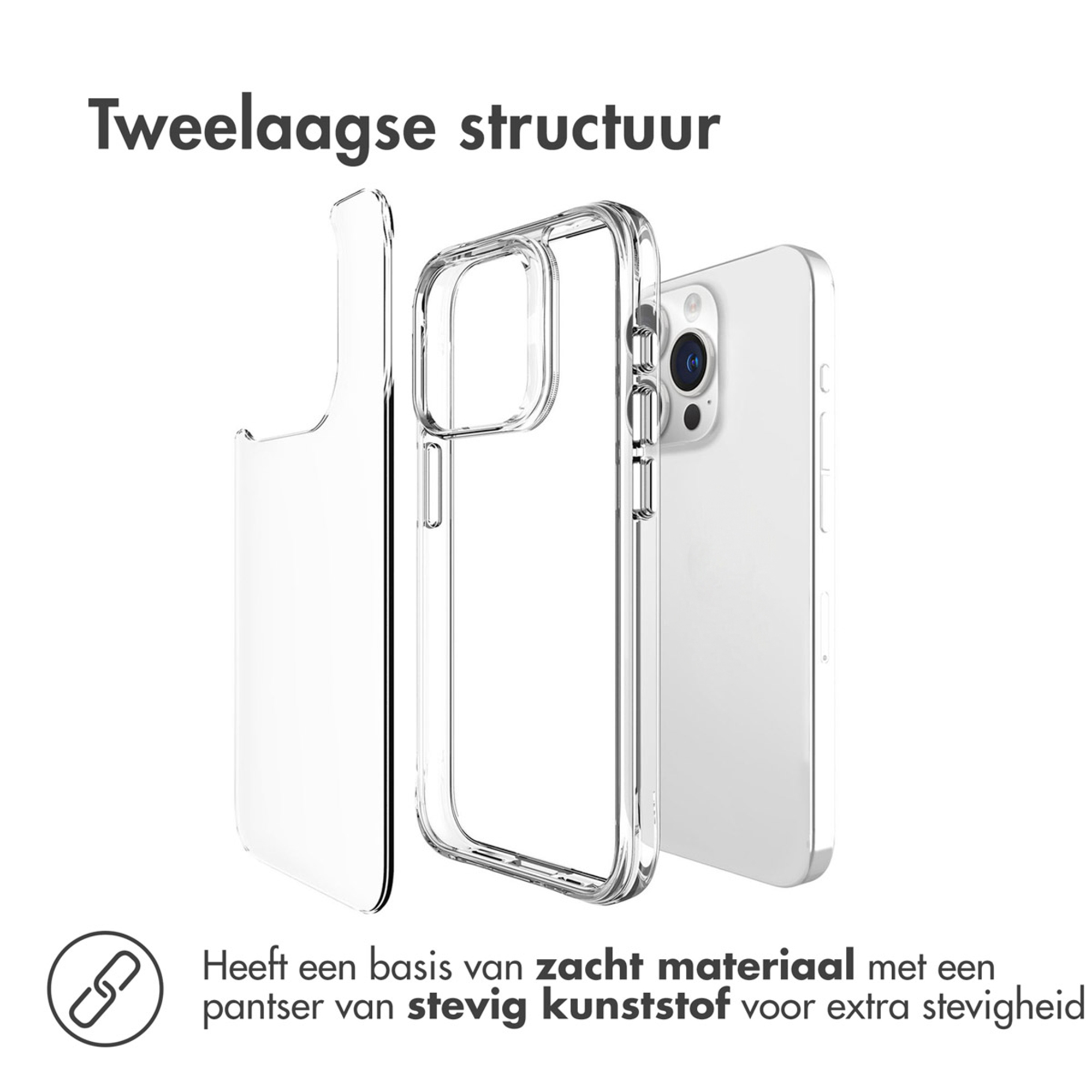 Structure à deux couches : une coque de téléphone transparente et un smartphone blanc.