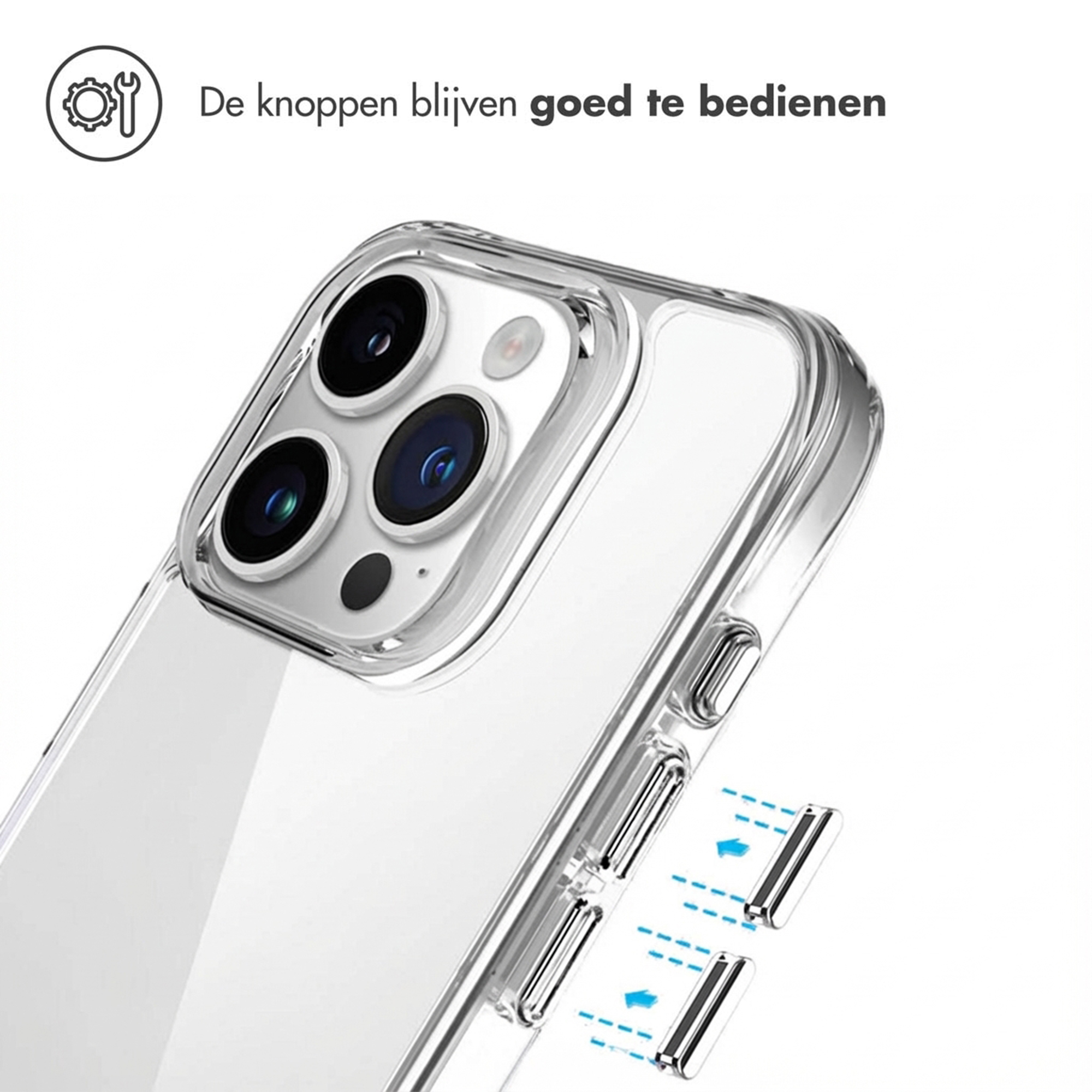 Coque transparente pour smartphone montrant caméra et boutons. Flèches bleues indiquent fonction.