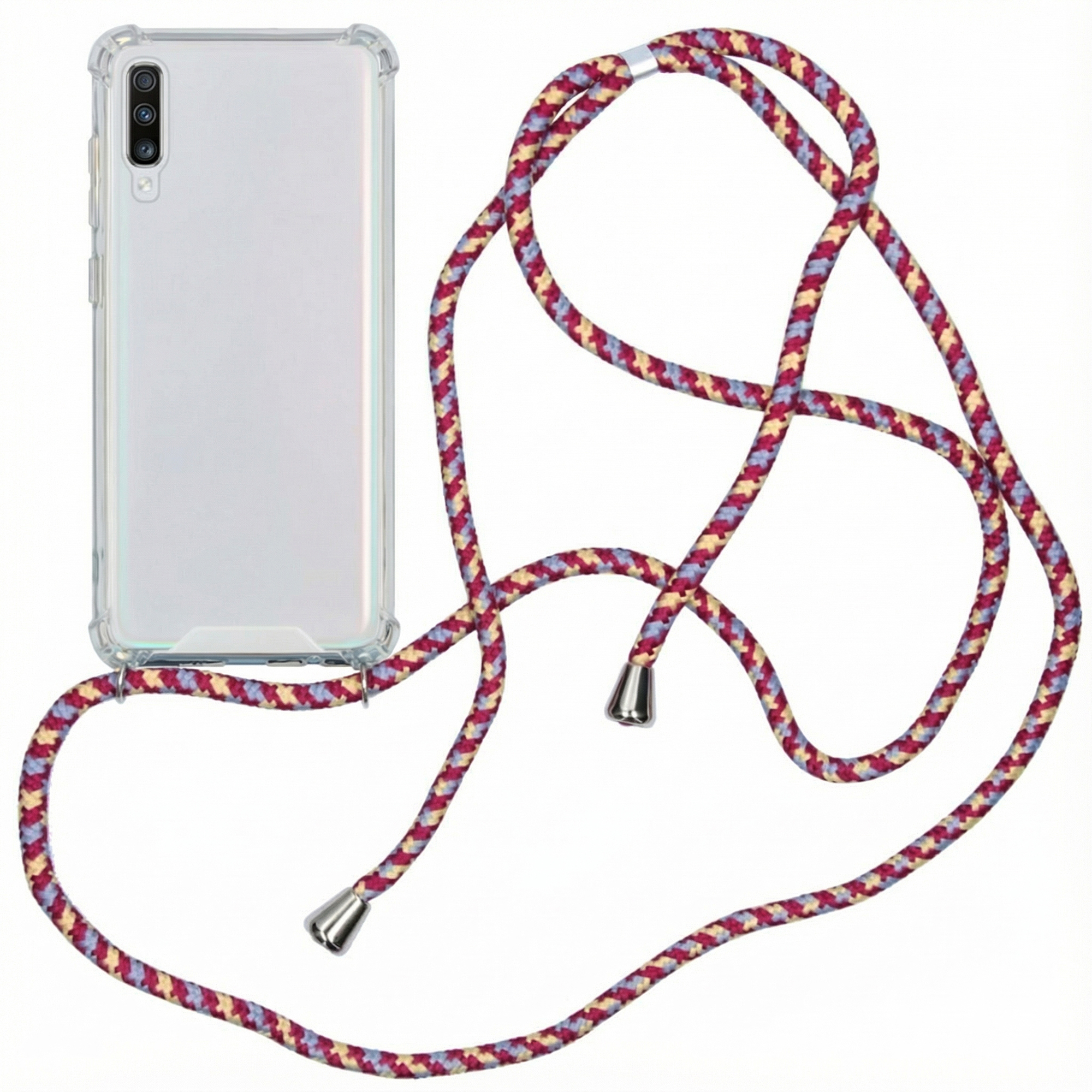 Une coque de téléphone transparente avec une lanière colorée sur fond blanc.