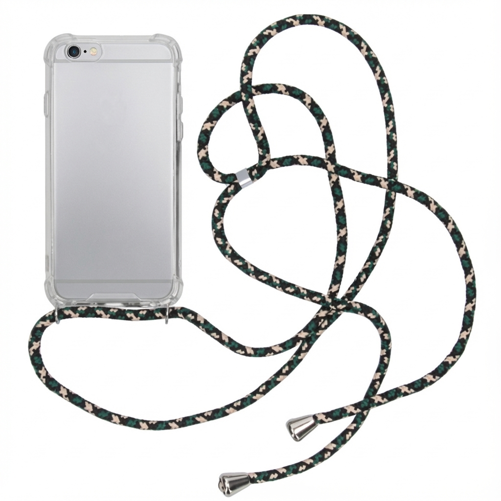Une coque de téléphone transparente avec une lanière camouflage.