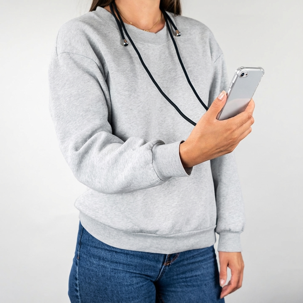 Een persoon in een grijze trui en spijkerbroek houdt een smartphone vast.