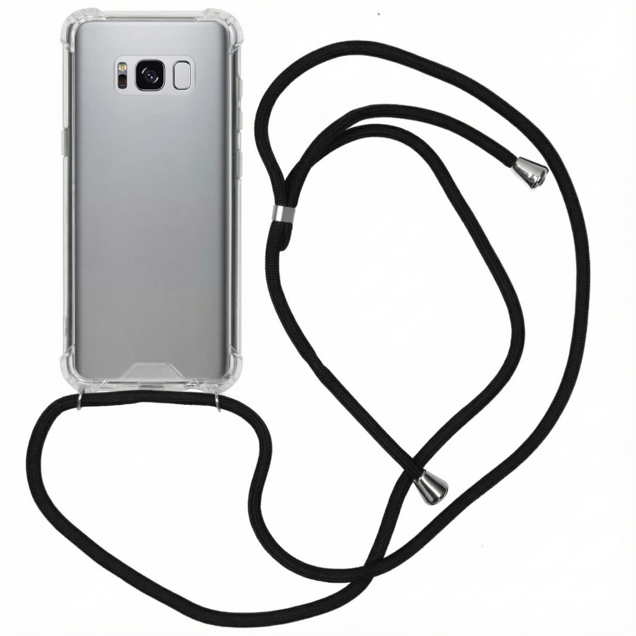 Uno smartphone argentato in una custodia trasparente con laccetto nero.