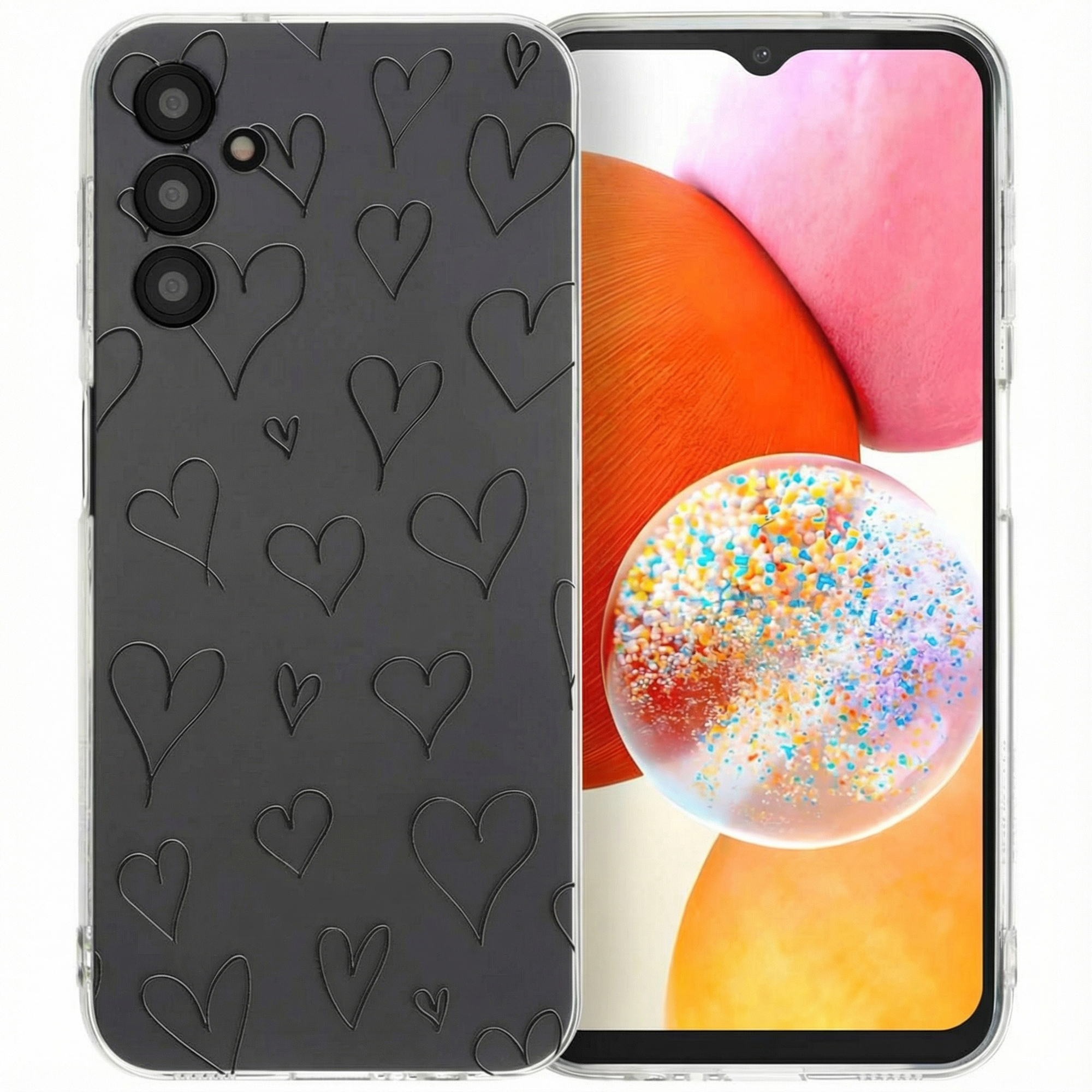 Een zwarte telefoonhoes met hartjespatroon naast een smartphone met een kleurrijke bol.