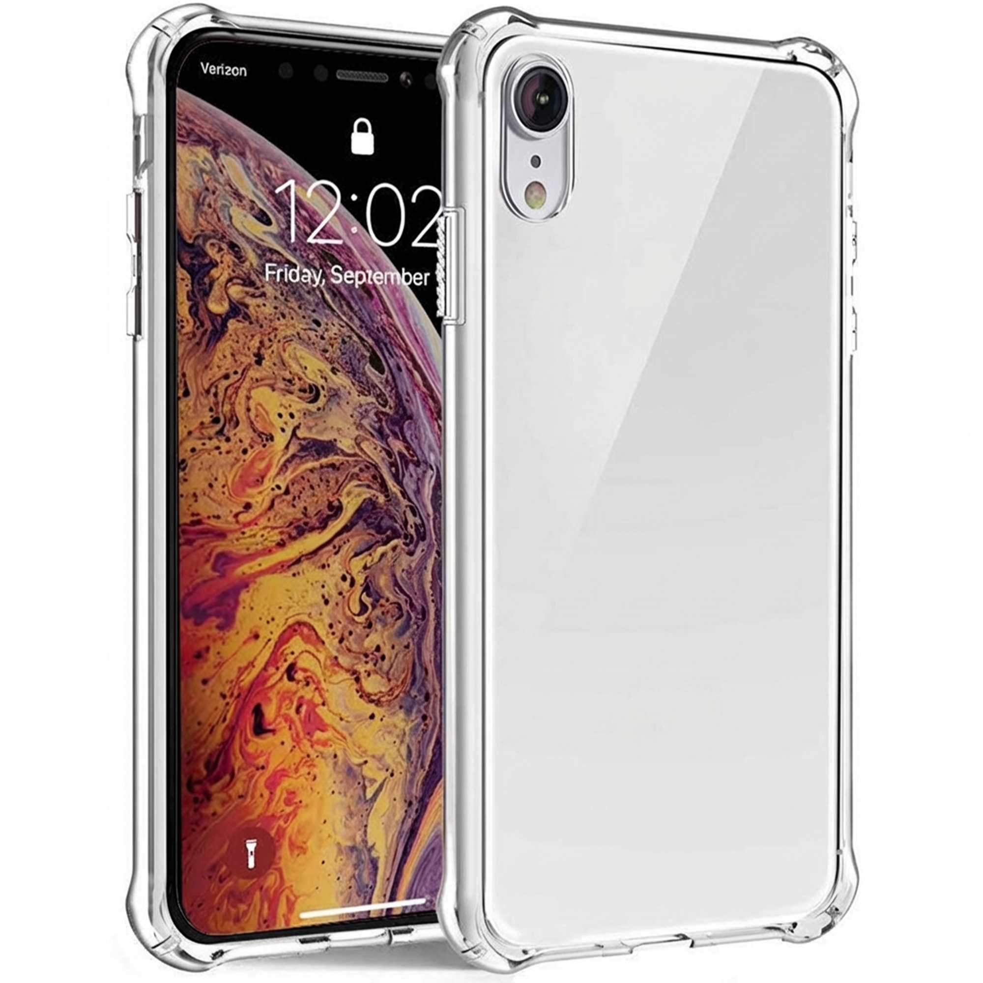 Une coque de téléphone transparente protégeant un smartphone avec fond coloré.