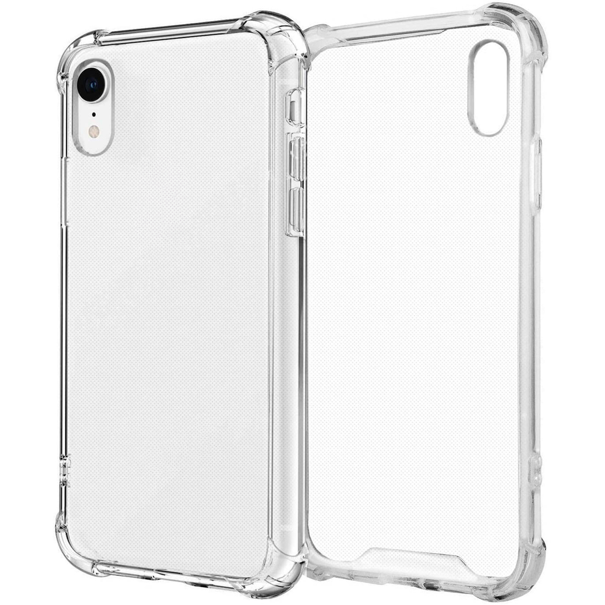 Deux coques de téléphone transparentes côte à côte, points blancs en arrière-plan.