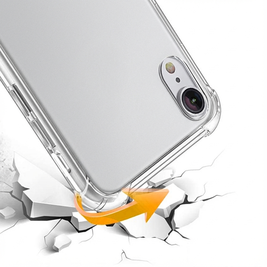 Une coque de téléphone transparente protège un téléphone tombant sur des surfaces blanches fissurées.