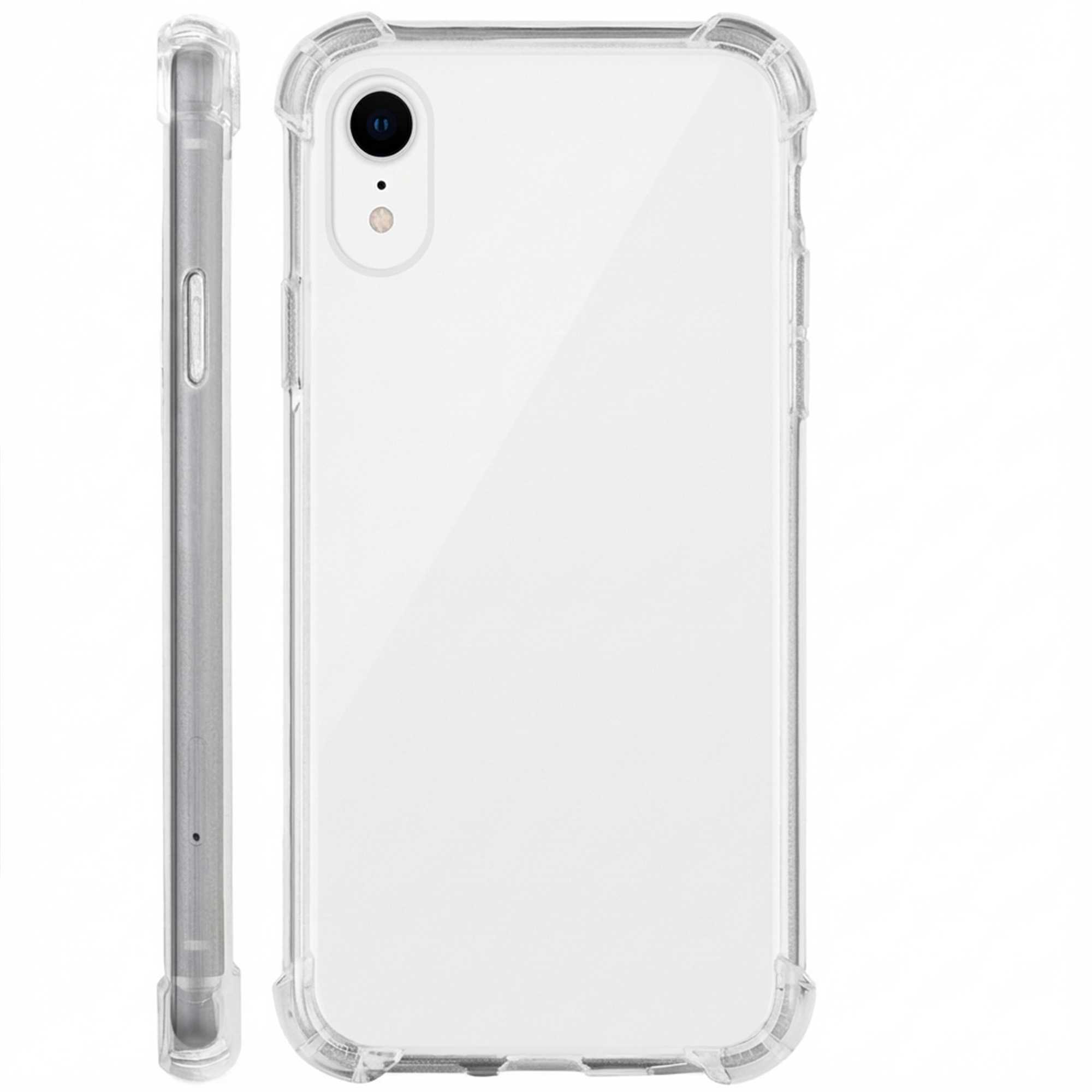 Une coque de téléphone transparente avec des coins renforcés, vue de face et de côté.
