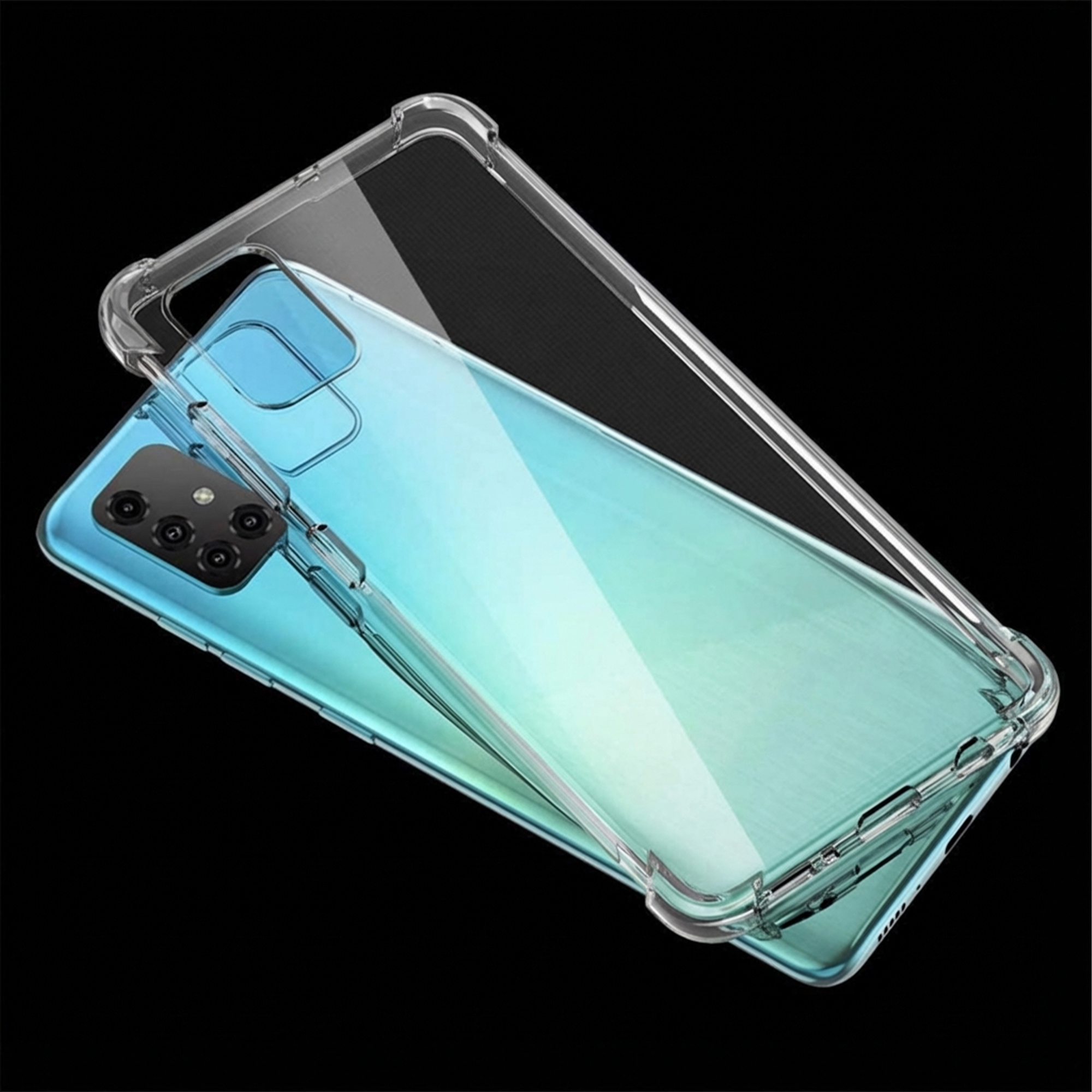Ein durchsichtiges Handyhülle liegt auf einem blauen Handy.