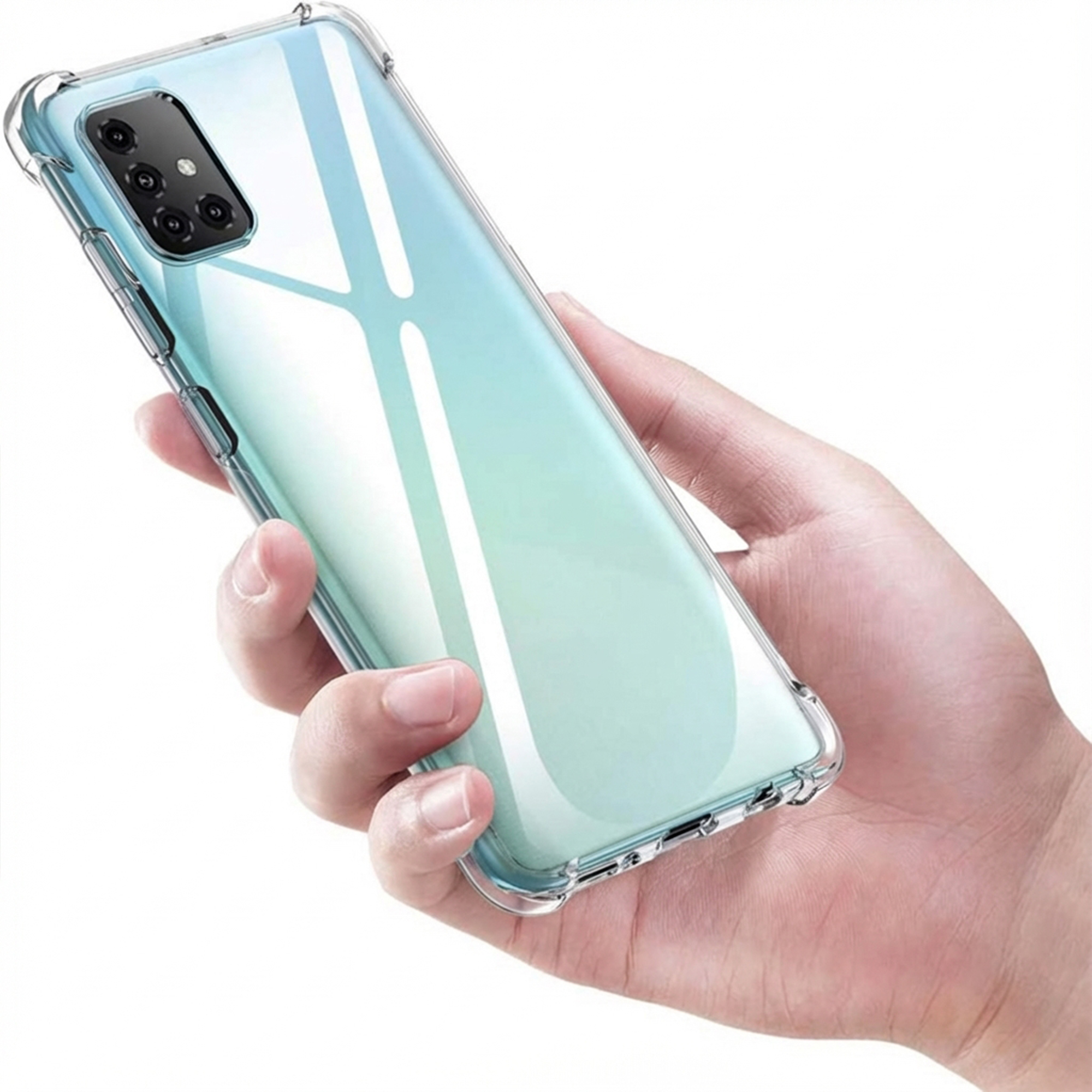 Eine Hand hält ein transparentes Handyhülle mit einem Handy.