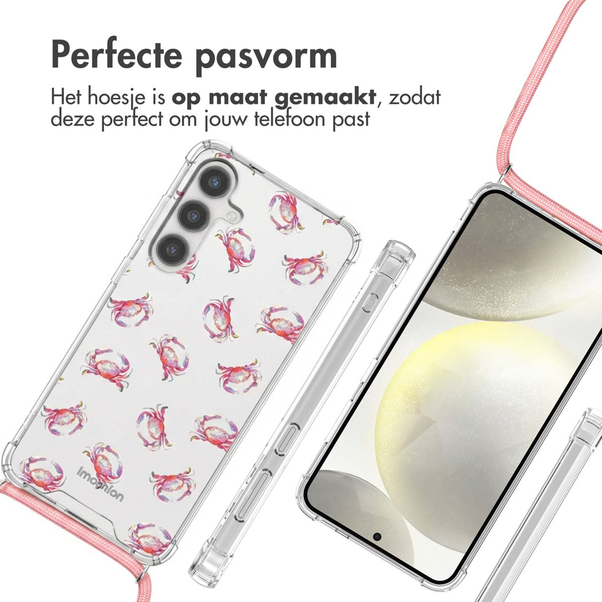 Doorzichtige telefoonhoes met roze krabbenprint en band.