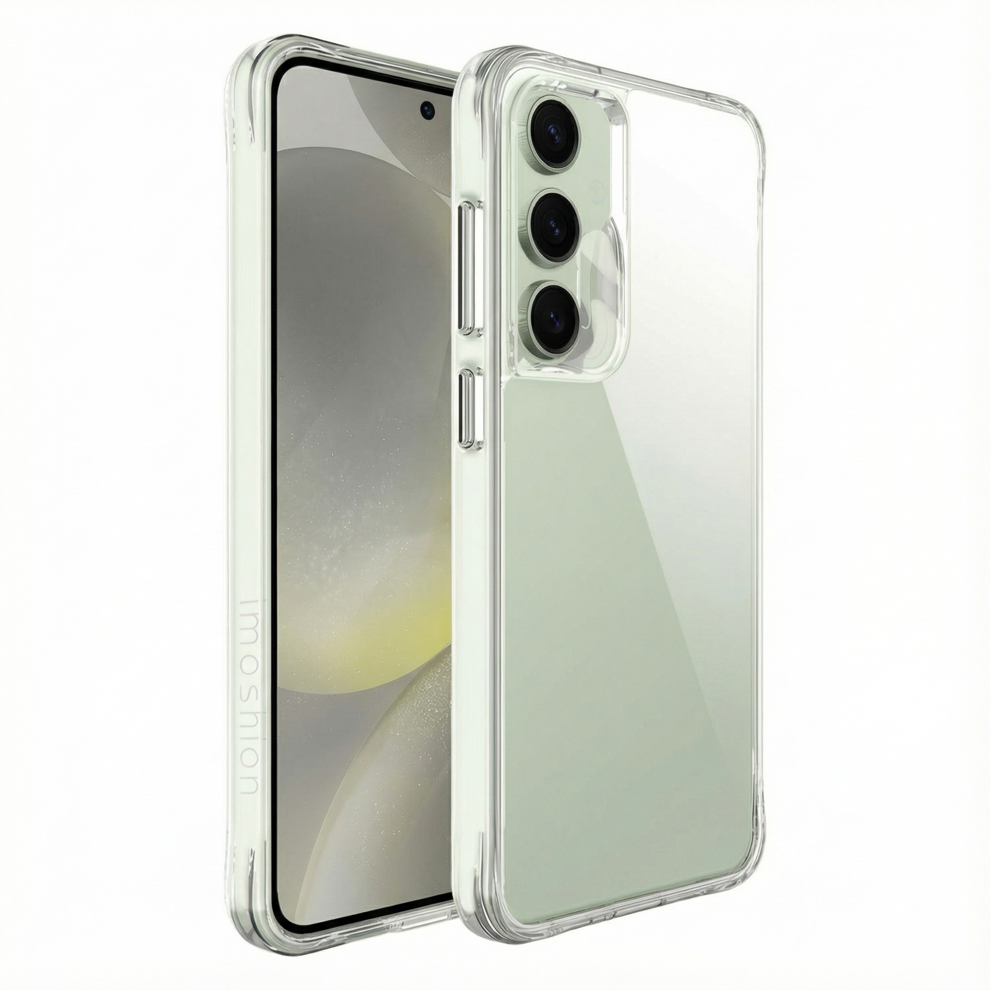 Een doorzichtige telefoonhoes met een lichtgroene telefoon erin.