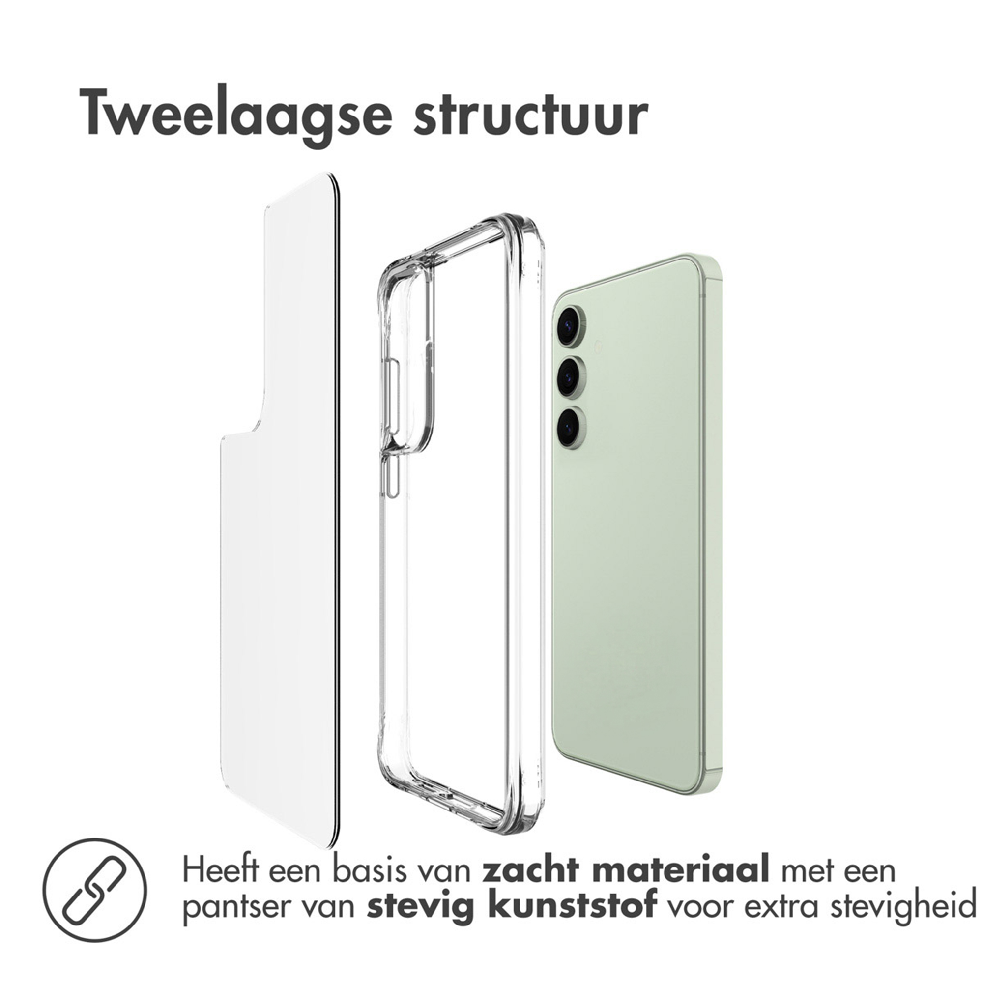 Tweelaagse structuur met een transparante hoes en een lichtgroene telefoon.