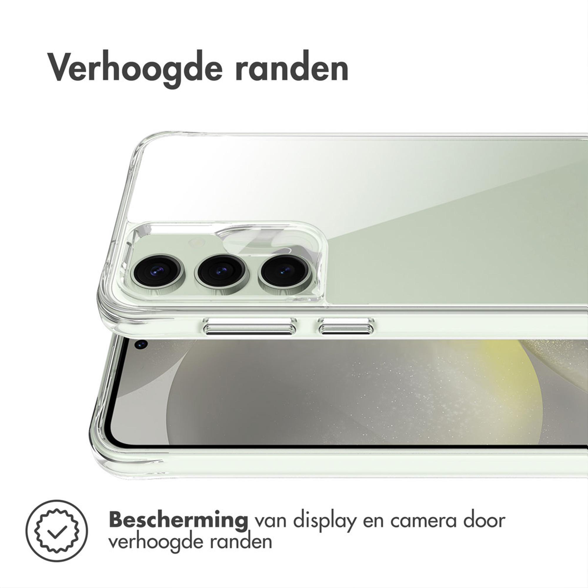 Een doorzichtige telefoonhoes beschermt het display en de camera's.