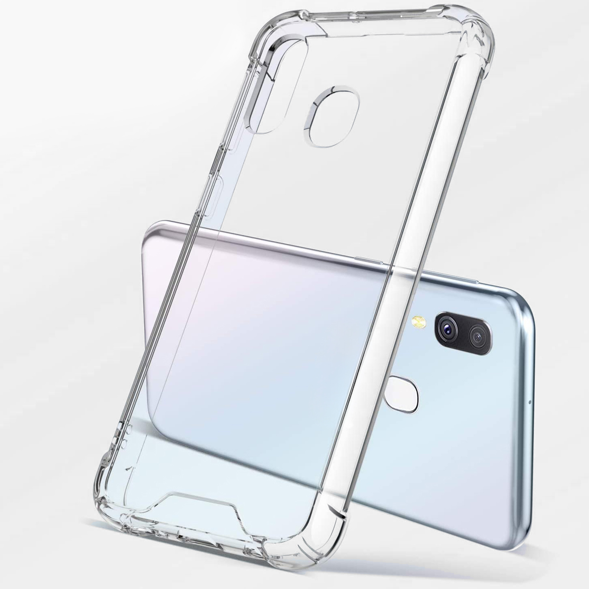 Une coque de téléphone transparente repose sur un smartphone bleu clair avec deux caméras.
