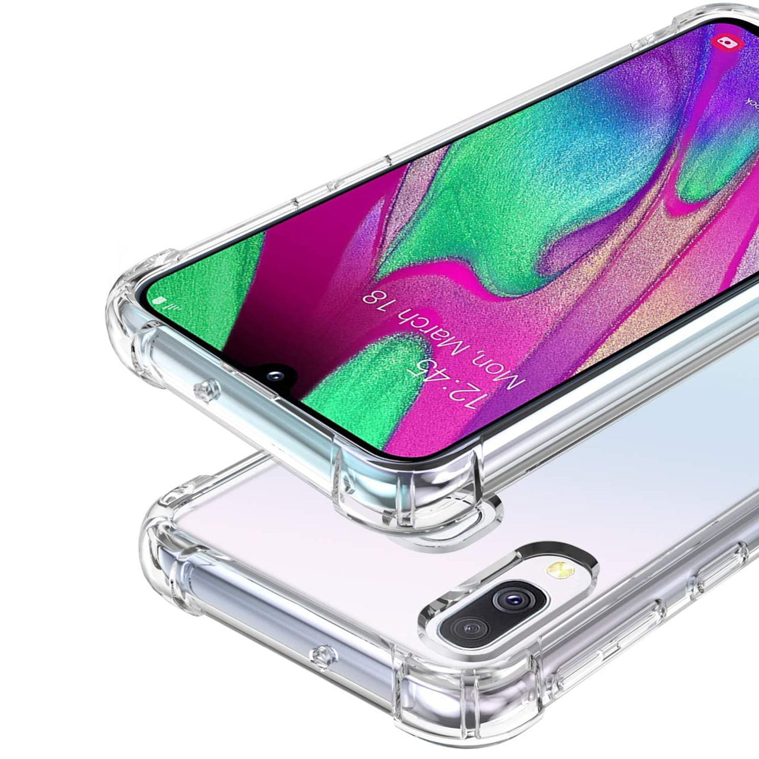Deux coques de téléphone transparentes avec un smartphone affichant un fond d'écran coloré.