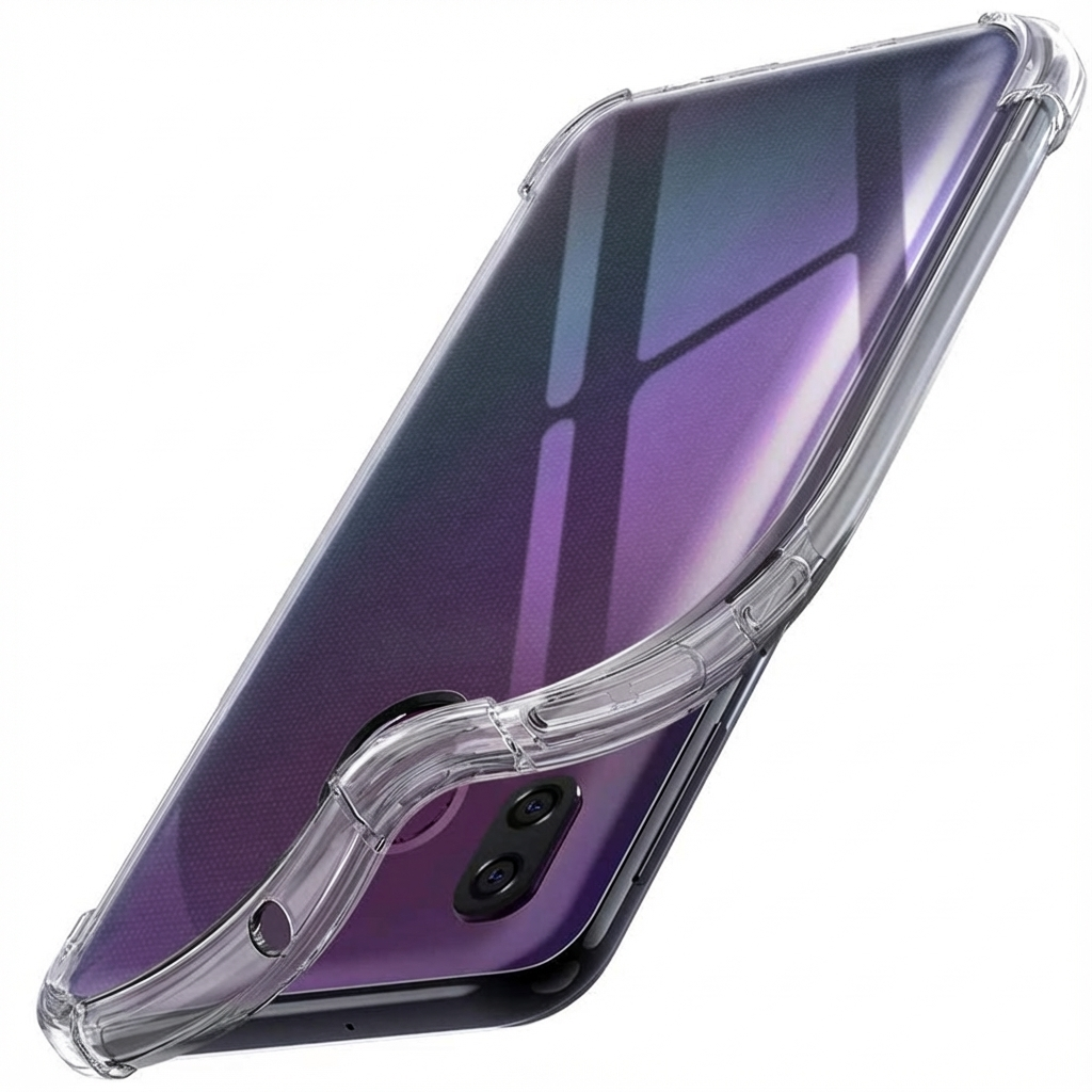 Coque transparente pour un smartphone bleu-violet avec double appareil photo.