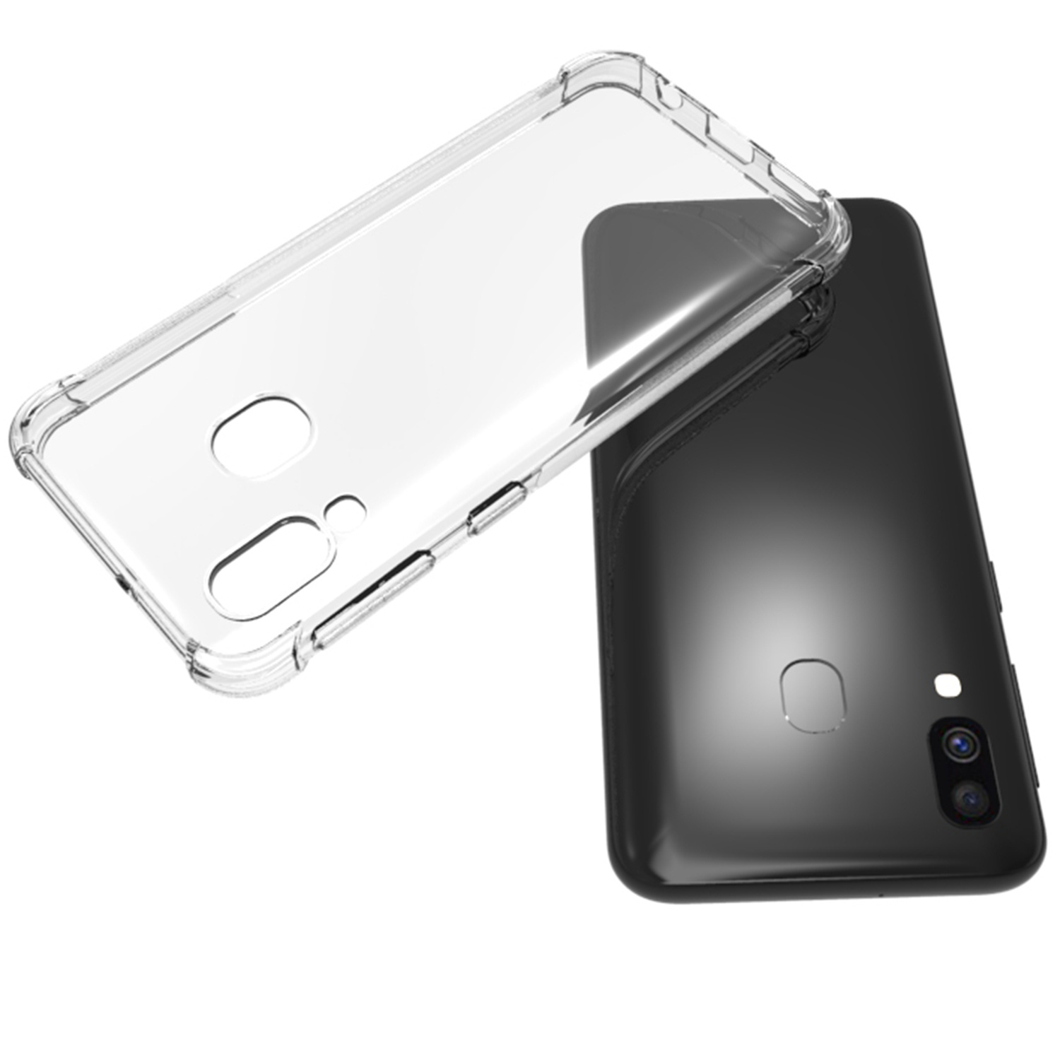 Coque de téléphone transparente sur un téléphone noir avec appareil photo.
