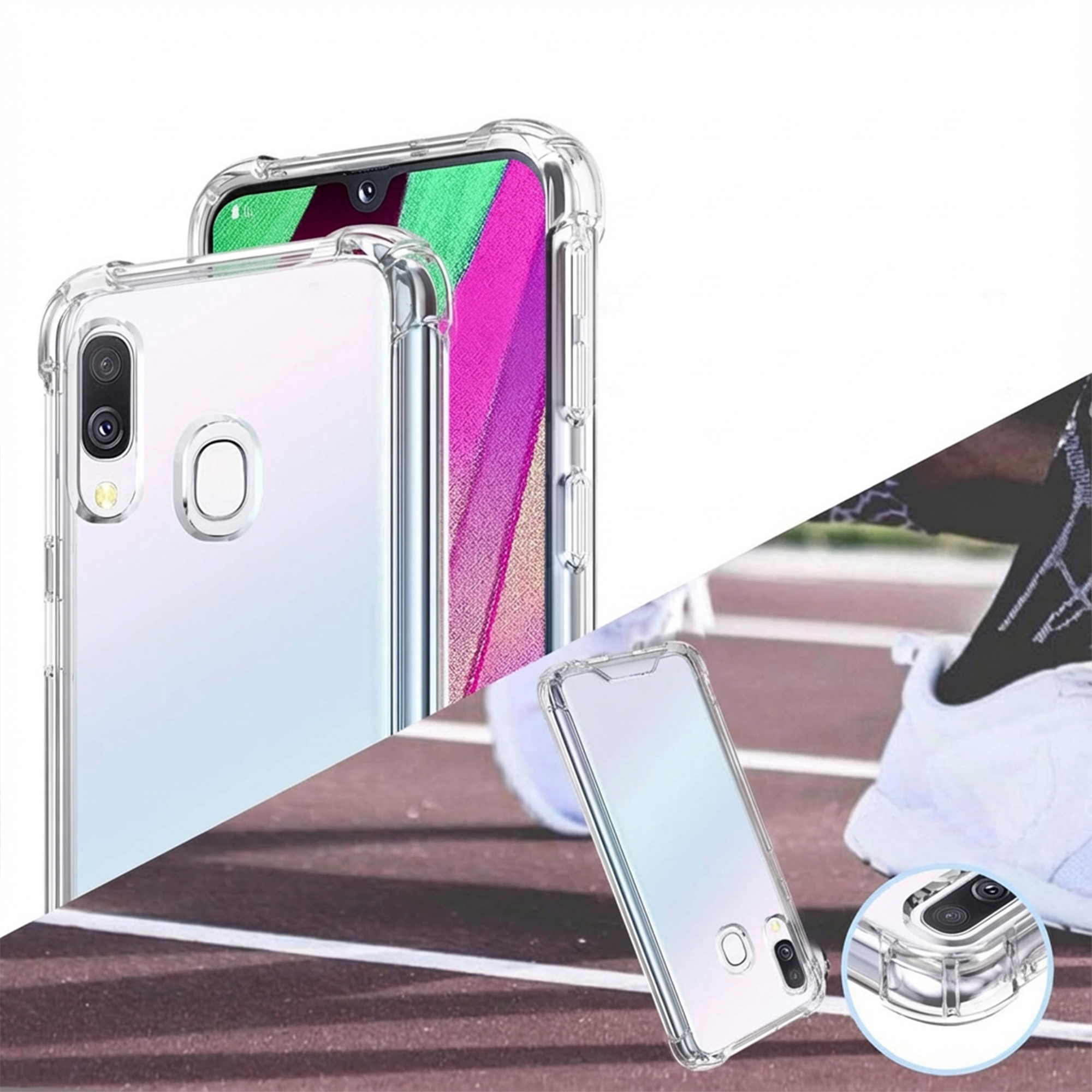 Coque de téléphone transparente avec coins renforcés sur piste.