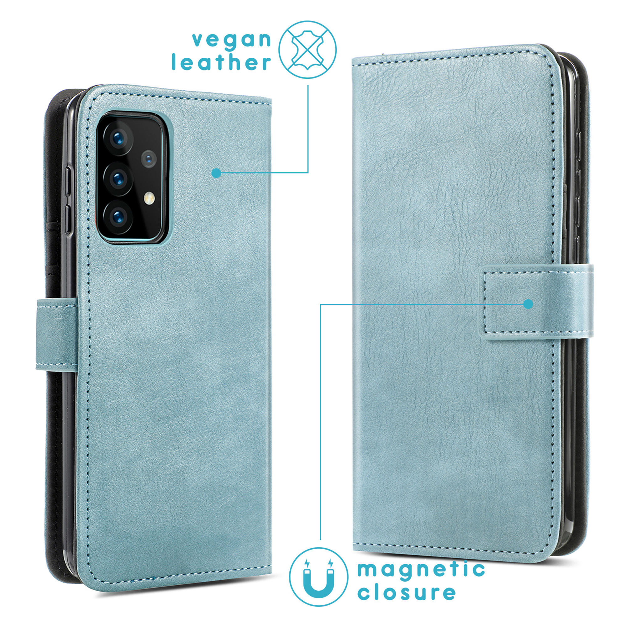 Lichtblauwe vegan lederen telefoonhoes met magneetsluiting.