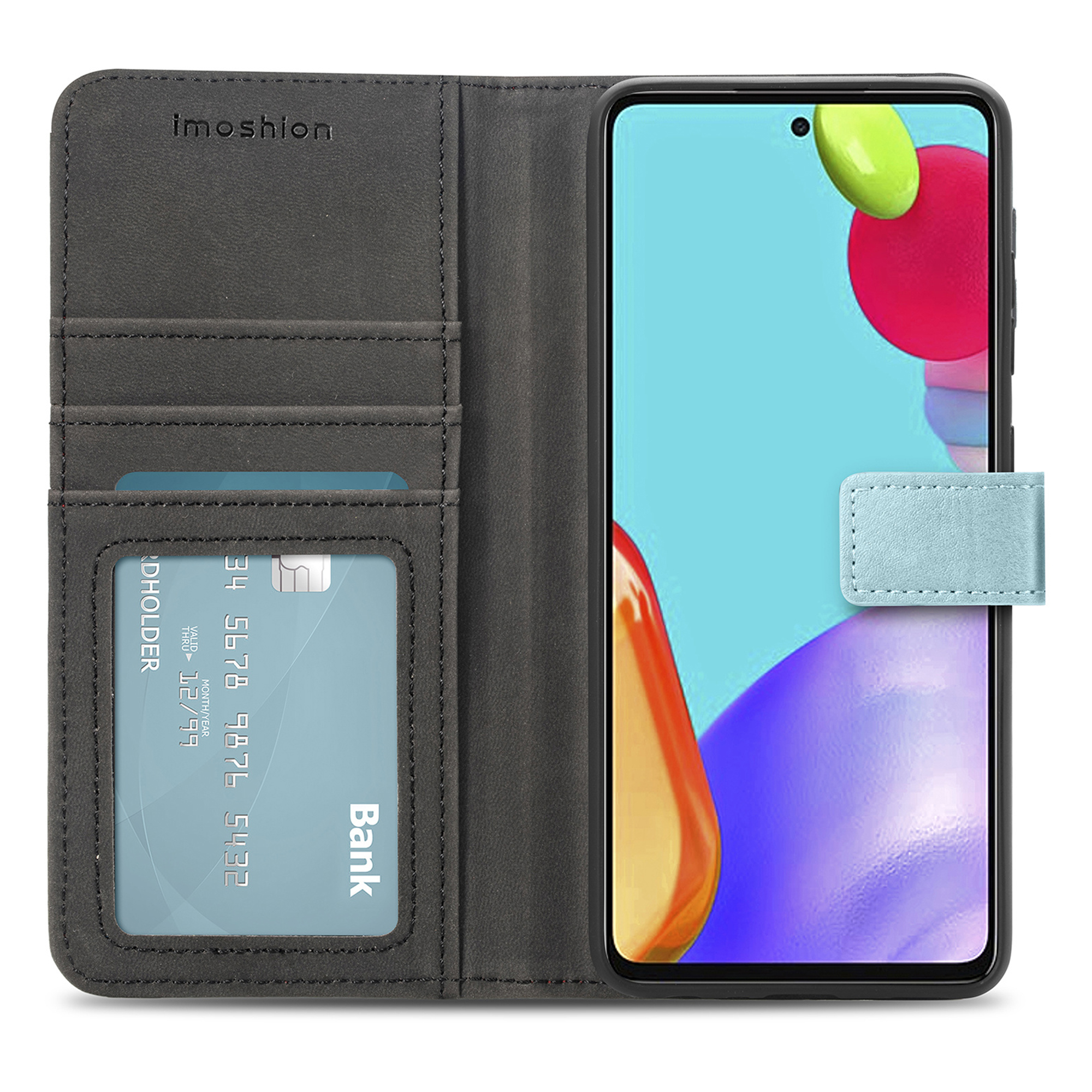Zwarte telefoonportemonneehoes met kaartsleuven en een telefoon met blauw scherm.