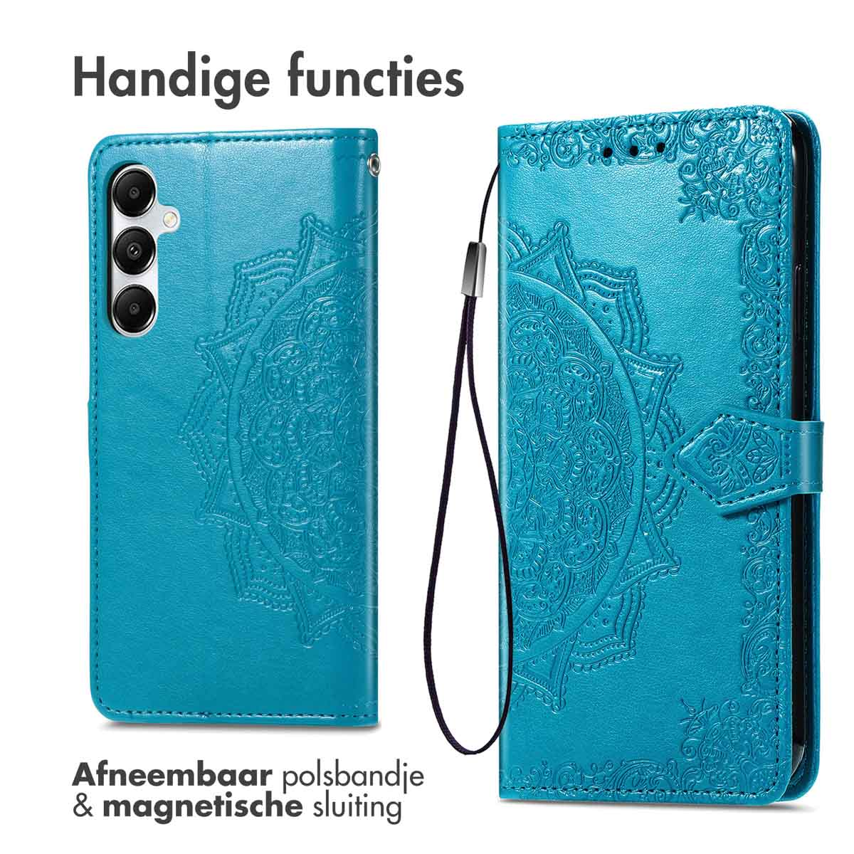 Custodia telefono turchese con motivo mandala e laccetto.