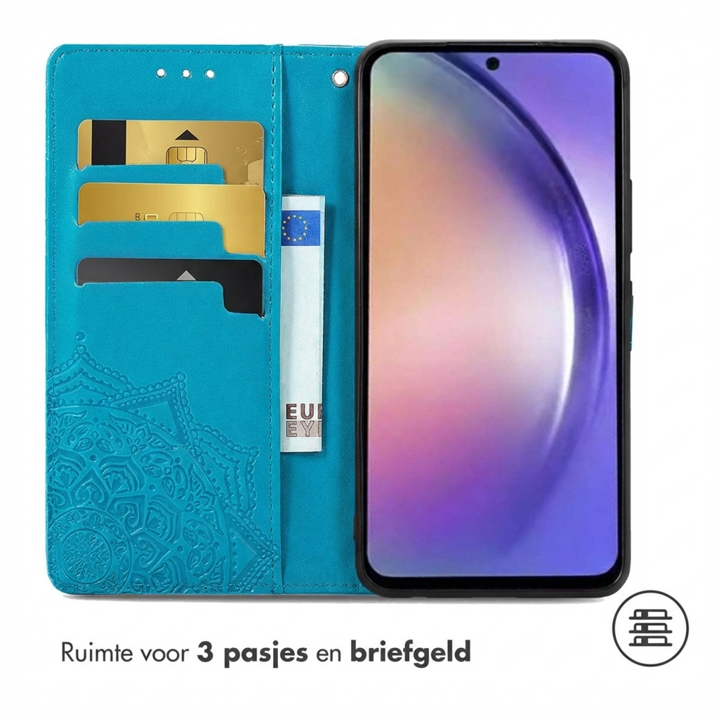 Custodia turchese per telefono con slot per carte e porta banconote, a rilievo mandala.