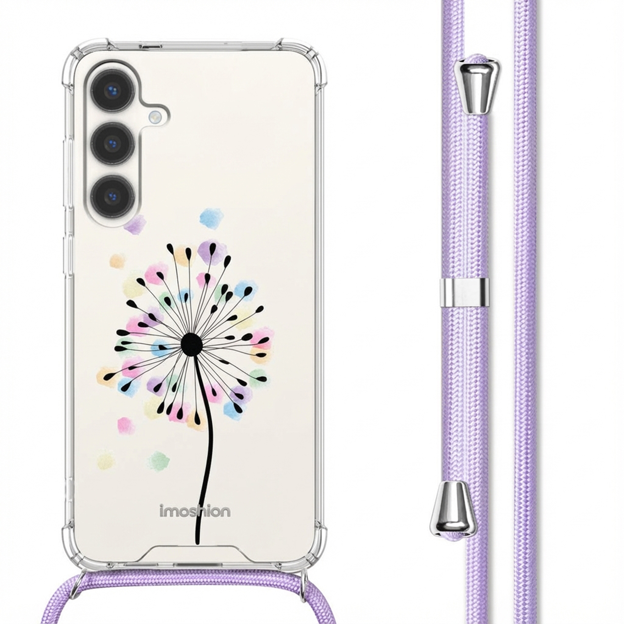 Coque de téléphone transparente avec motif pissenlit aquarelle et cordon violet.
