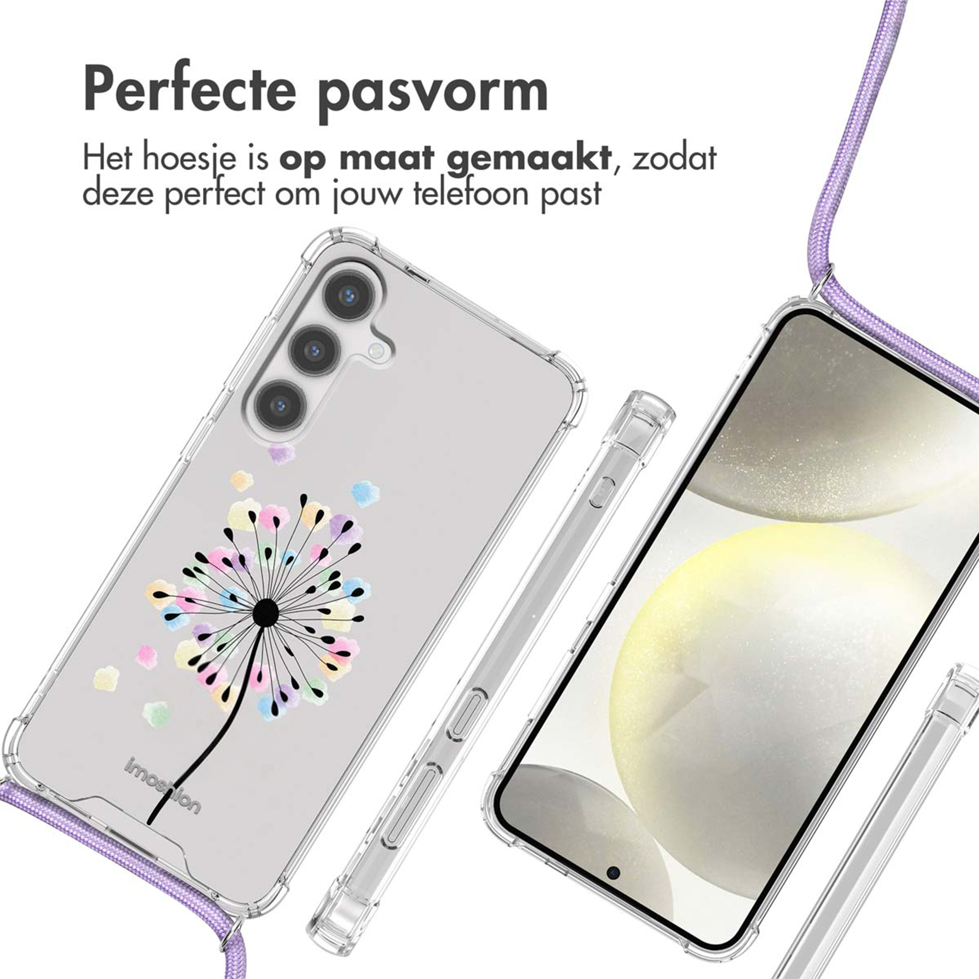 Coque de téléphone transparente avec motif pissenlit et cordon.