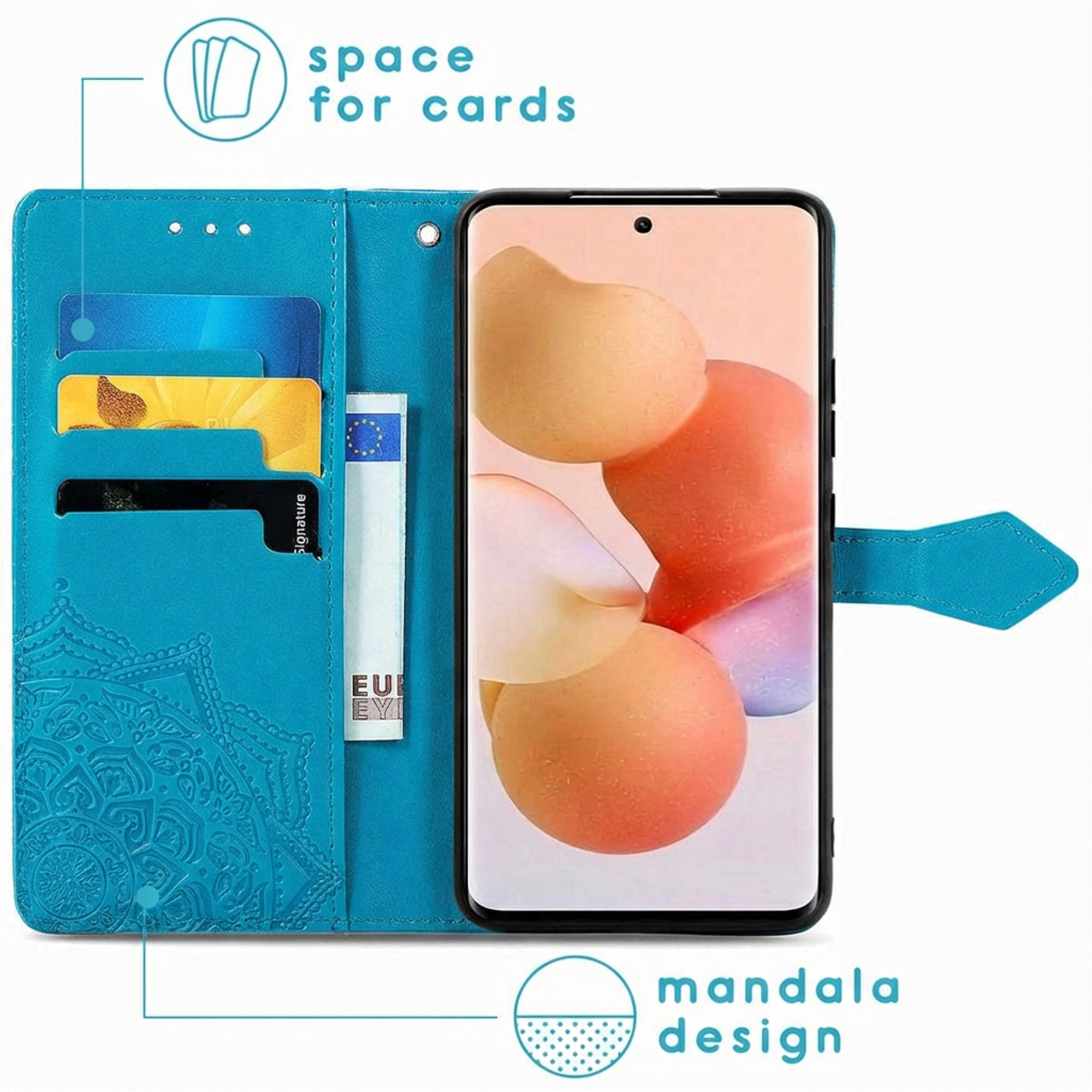 Custodia turchese per telefono con slot per carte, design a mandala e telefono chiuso.