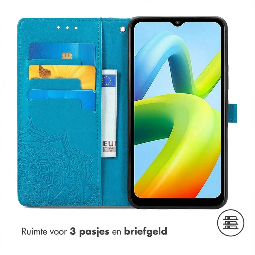 Turquoise telefoonhoesje met kaartsleuven en een bankbiljet.