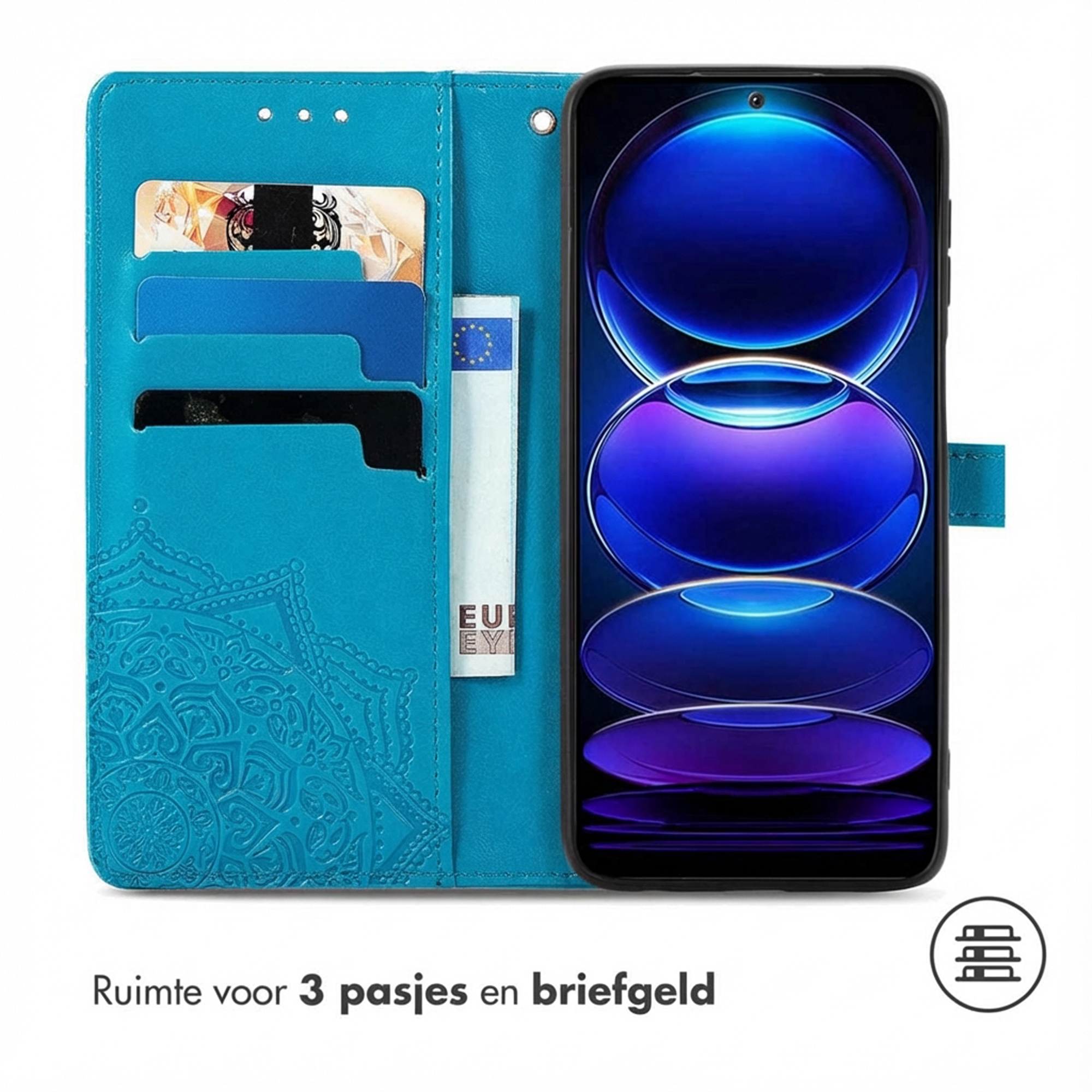 Un étui turquoise pour téléphone à clapet avec fentes pour cartes et un téléphone à écran bleu.