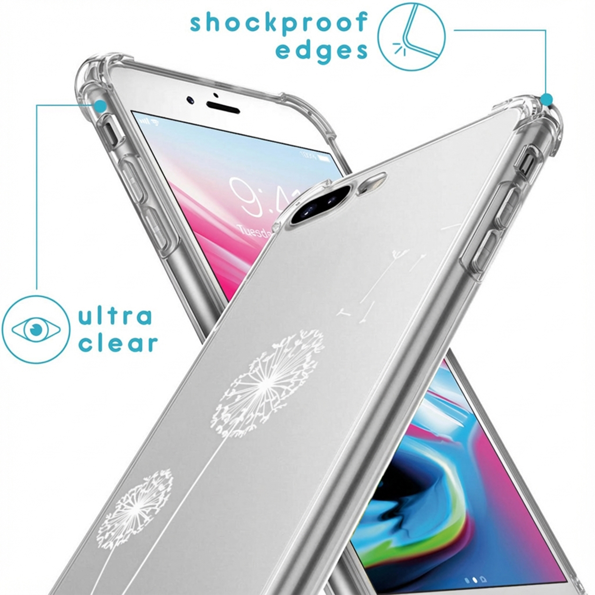 Transparante telefoonhoes met paardenbloemmotief en schokbestendige randen.