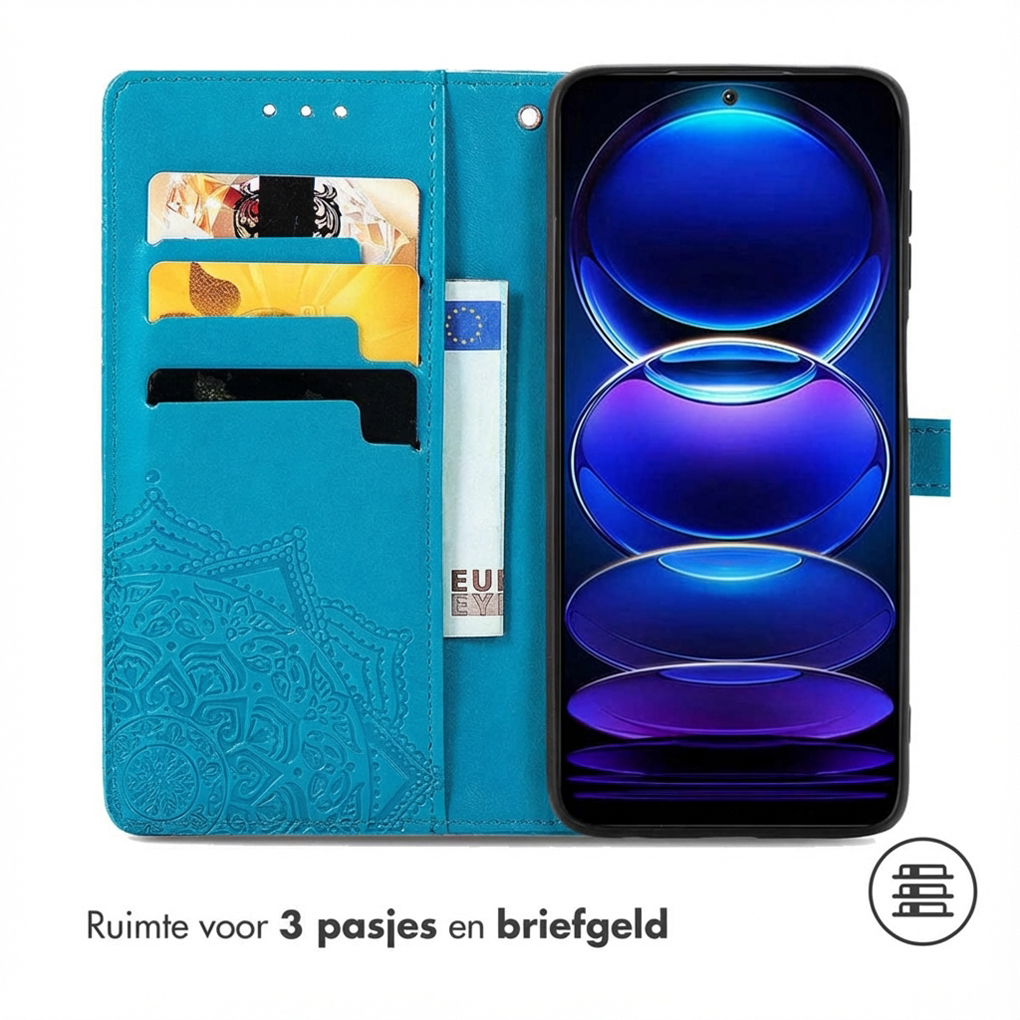Étui de téléphone turquoise avec fentes pour cartes et gaufrage mandala, montrant un smartphone.