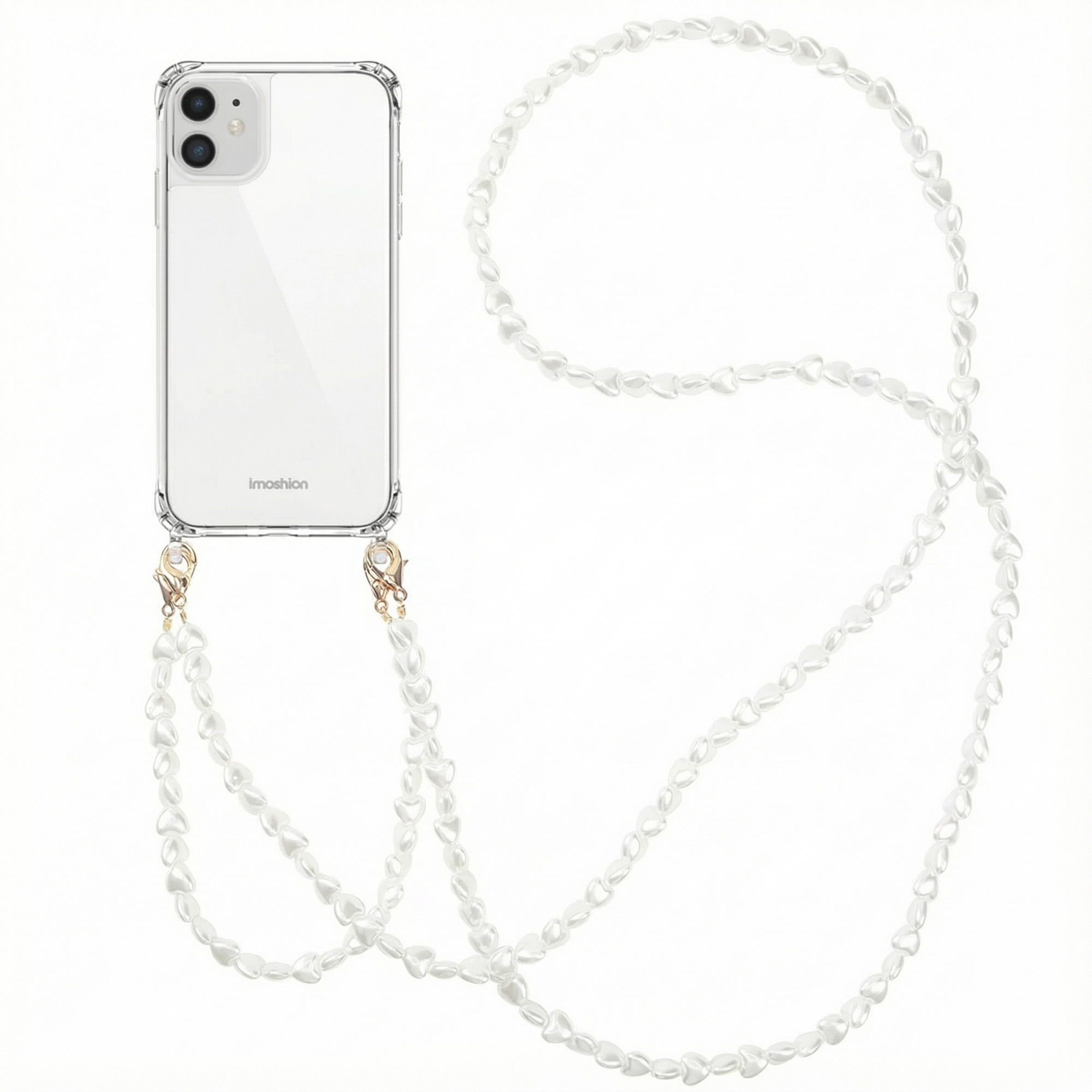 Een witte smartphone in een doorzichtig hoesje met een parelketting telefoonkoord.