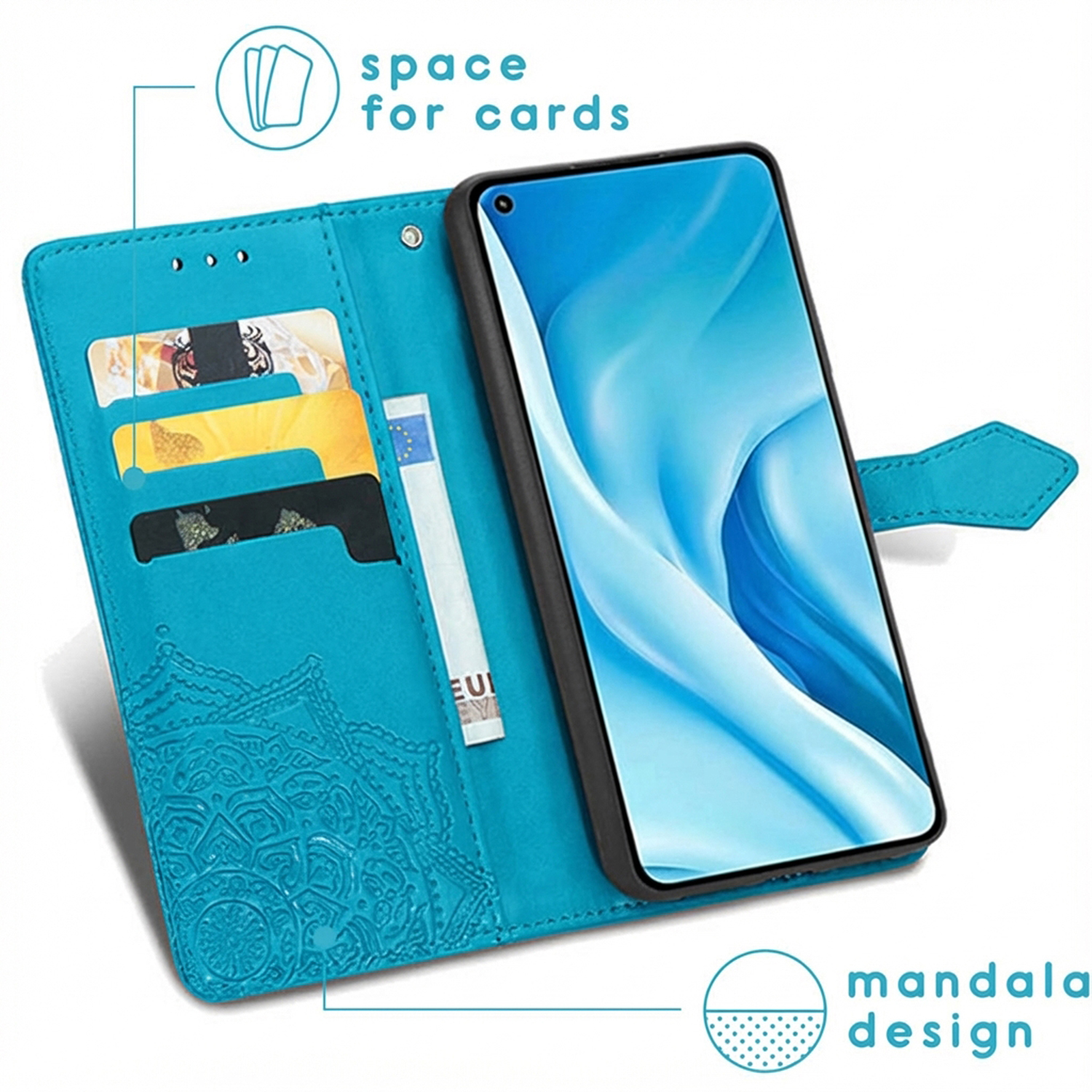 Turquoise telefoonhoesje met kaartsleuven en mandala-ontwerp.
