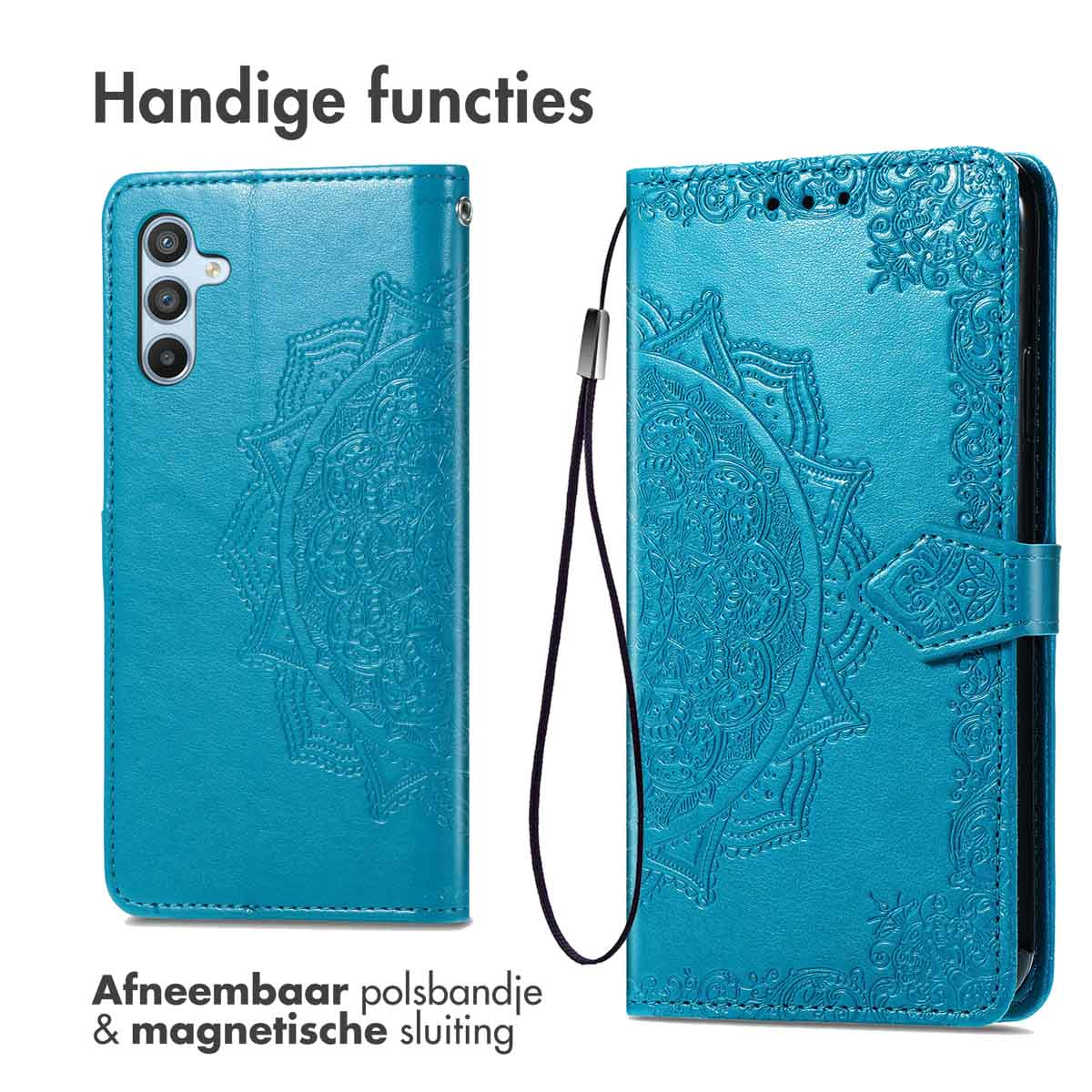 Blauwe telefoonhoes met reliëf mandala en polsbandje.