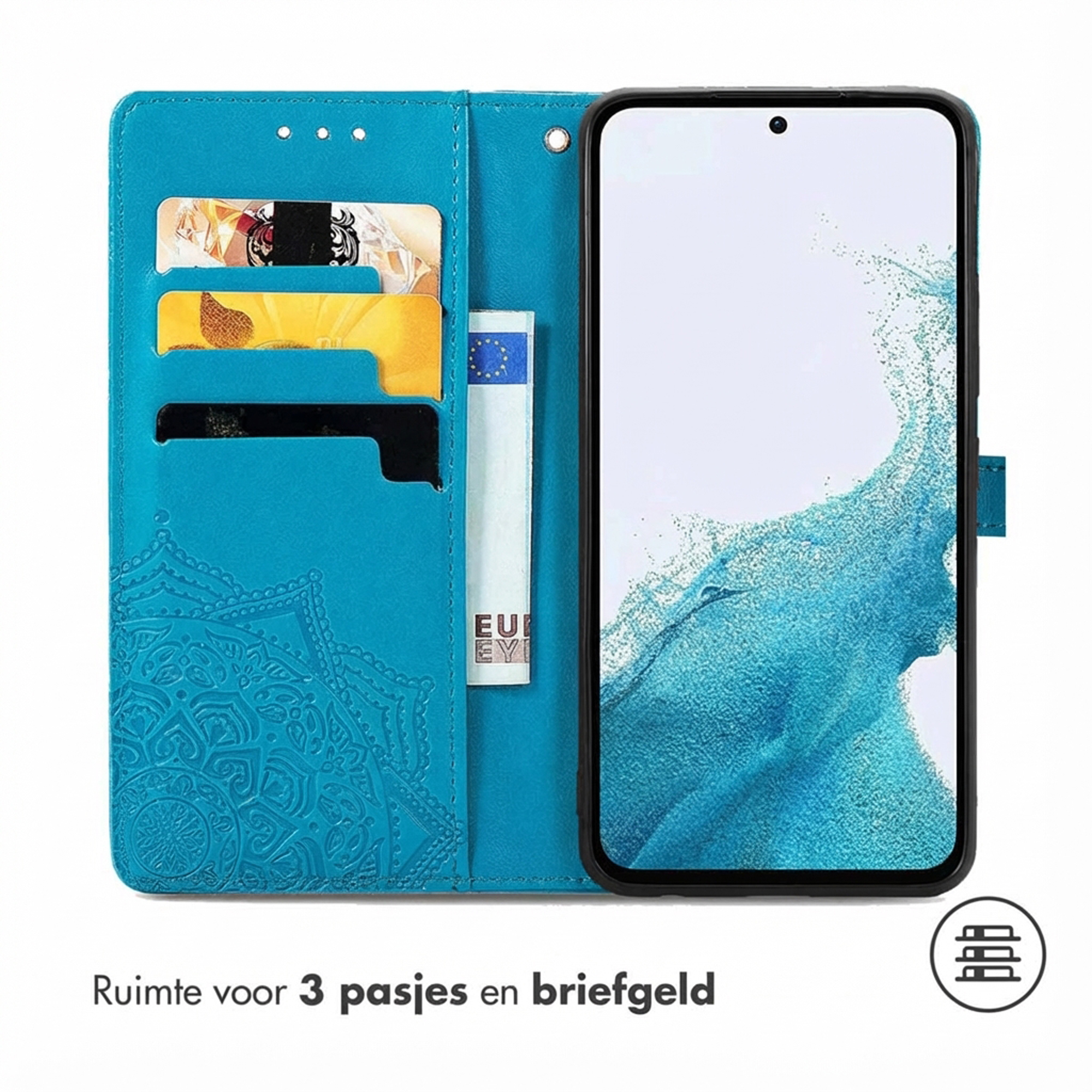 Een blauwe telefoonhoes met kaartsleuven en een bankbiljet. Een smartphone is geplaatst.