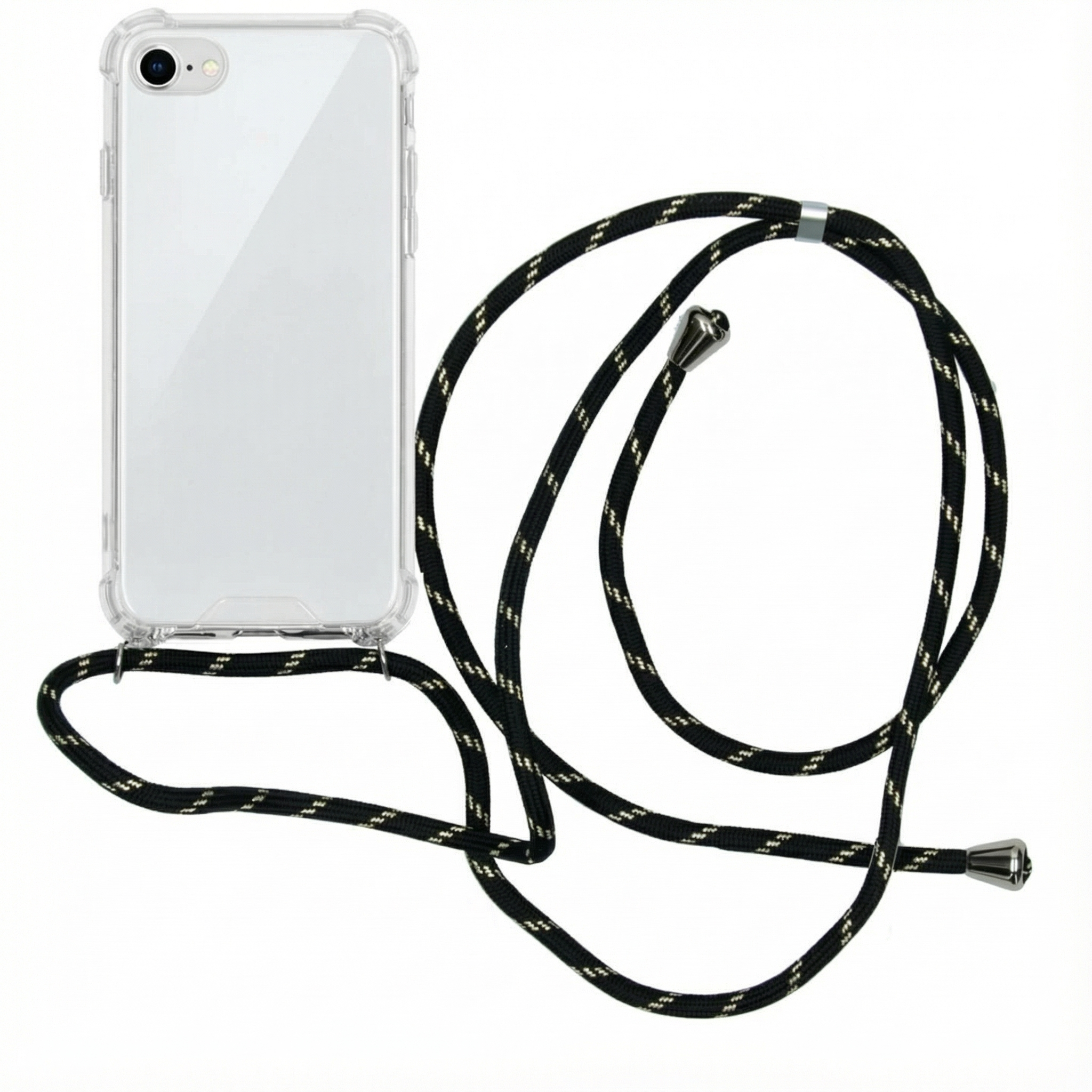 Une coque de téléphone transparente avec un cordon noir attaché. Blanc.